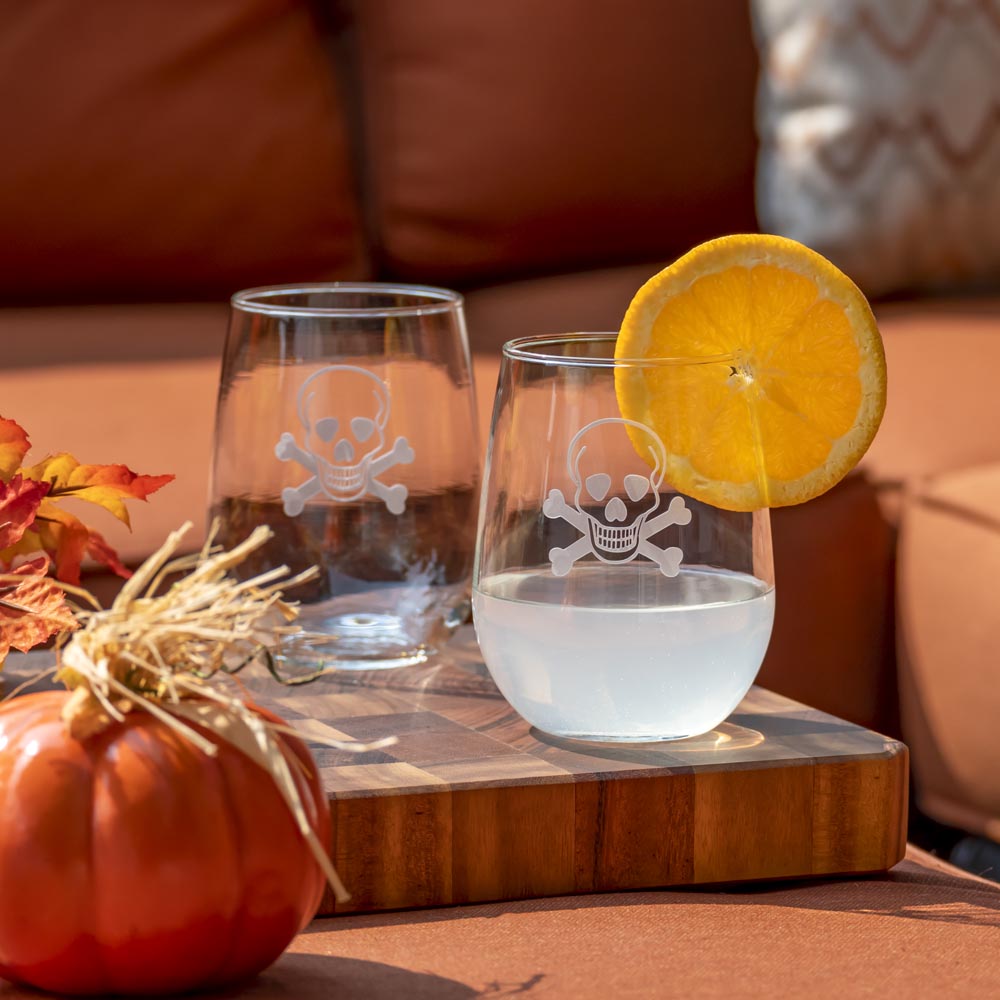 Skull and Crossbones 17oz Stemless Wine Tumblers - 12 Pack Set for Halloween Parties, Themed Events & Gothic Home Decor