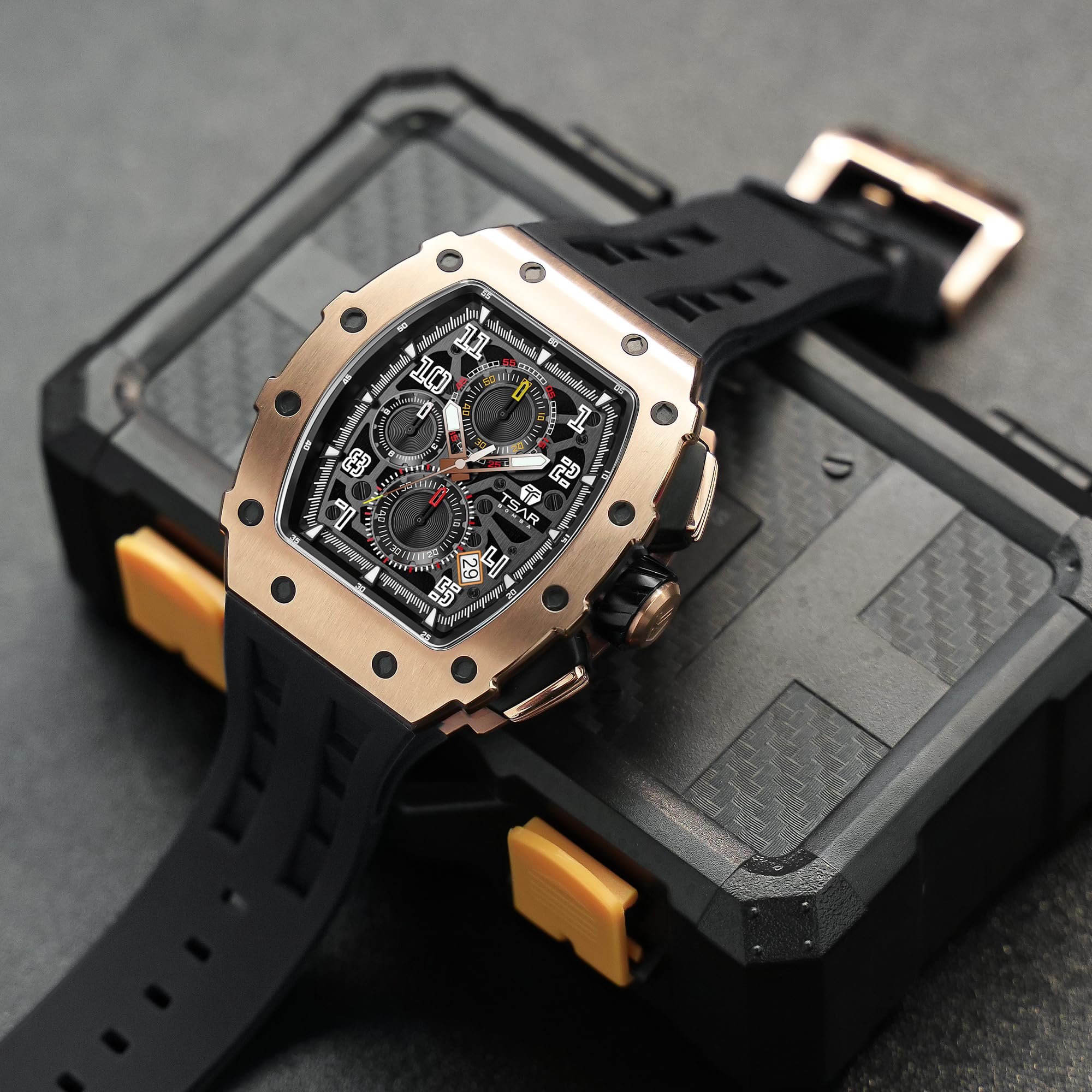 TSAR BOMBA Luxury Men's Watch - 50M Waterproof Tonneau Chronograph with Japanese Quartz Movement & Silicone Band - Perfect for Business, Casual & Outdoor Activities - Great Gift for Men
