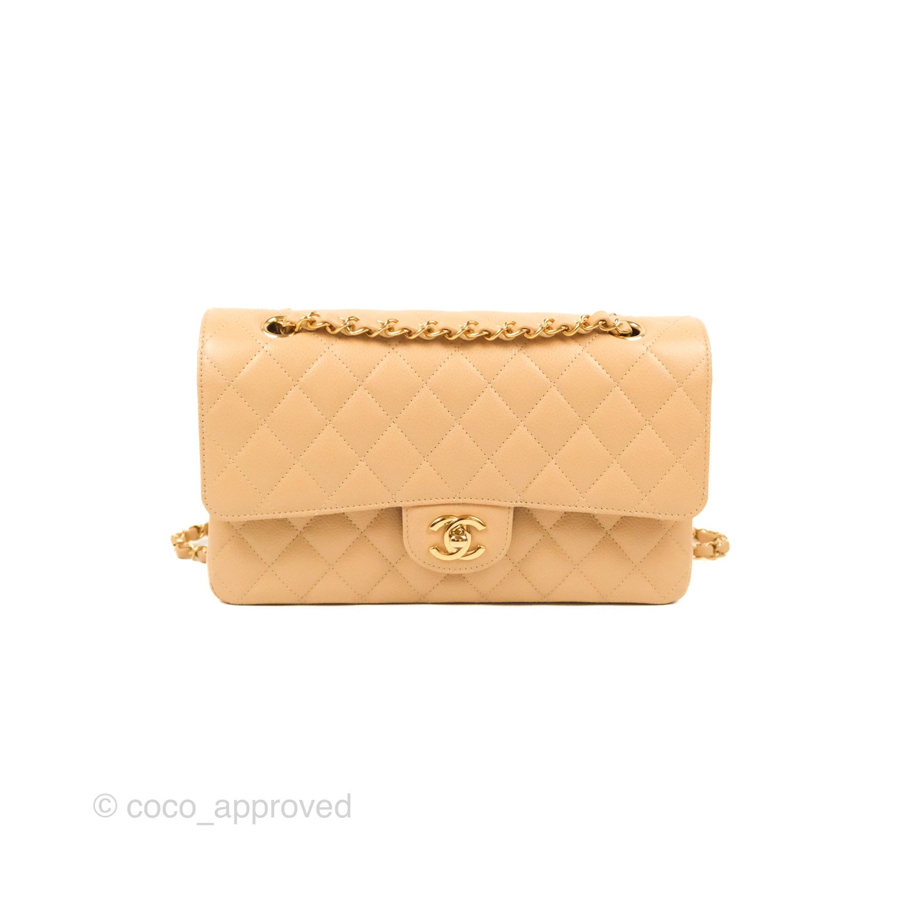 Chanel Classic Medium Double Flap Bag Quilted Beige Caviar Leather with Gold Hardware - Luxury Designer Handbag for Women, Perfect for Work, Evening & Special Occasions