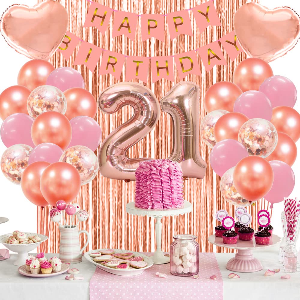 21st Birthday Party Decorations for Women - Rose Gold Balloons, Happy Birthday Banner, Backdrop & Confetti Balloons Set | Perfect for 21st Birthday Celebrations, Bachelorette Parties & Photo Backdrops