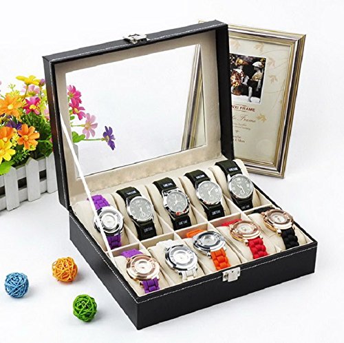 10-Slot Watch Organizer with Glass Lid - Black Faux Leather Watch Case with Gray Velvet Lining & Removable Watch Pillows | Perfect for Watch Collection Storage, Display, and Travel | Luxury Watch Holder for Men & Women