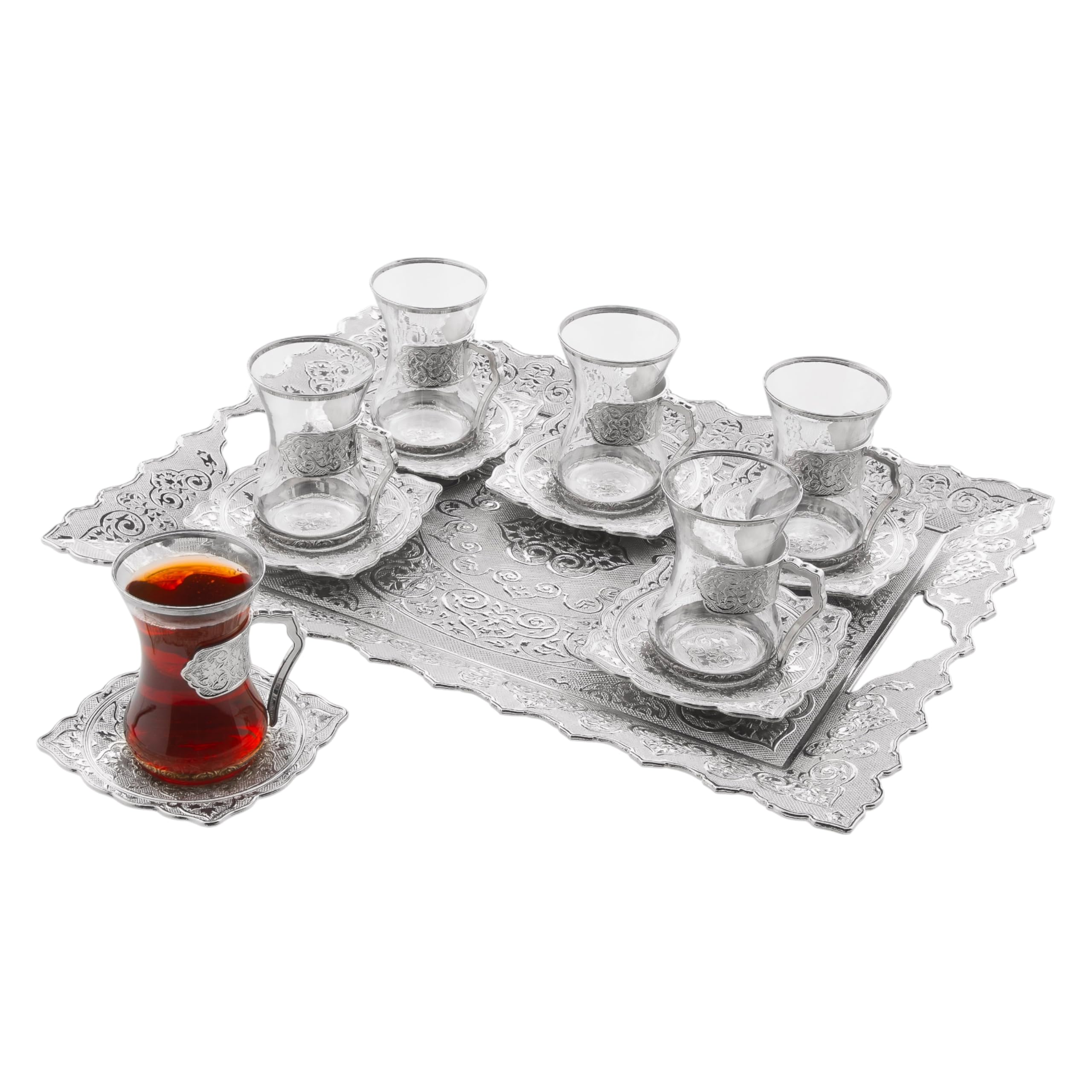 Vintage Silver Plated Turkish Tea Glasses Set for 6 with Tray - Handmade Arabic Tea Cups for Serving, Teatime, Home Decor & Wedding Gifts - Perfect for Afternoon Tea Parties, Bridal Showers & Housewarming Gifts