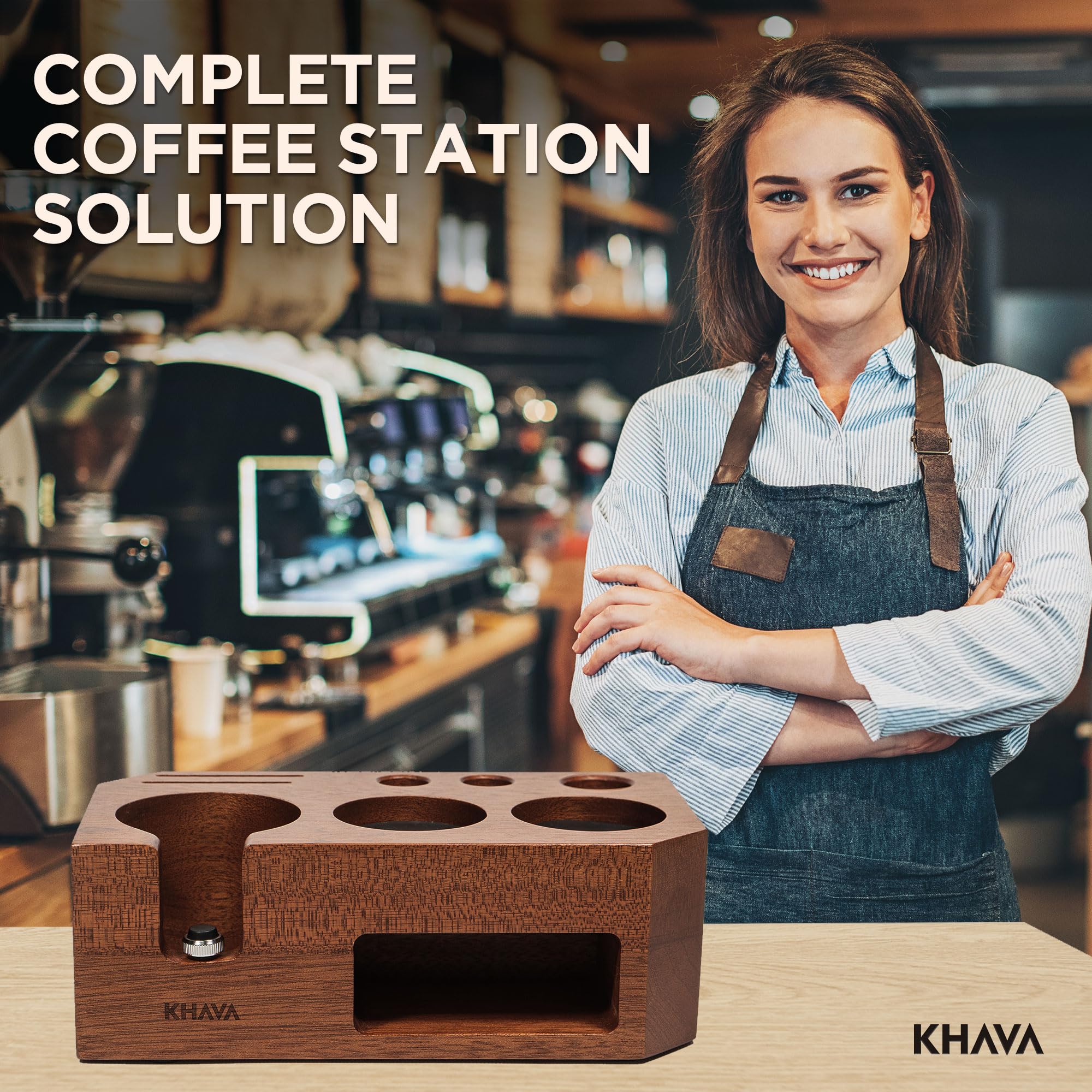 KHAVA Wooden Espresso Tamping Station 58mm - Coffee Bar Organizer for Countertop & Portafilter Holder