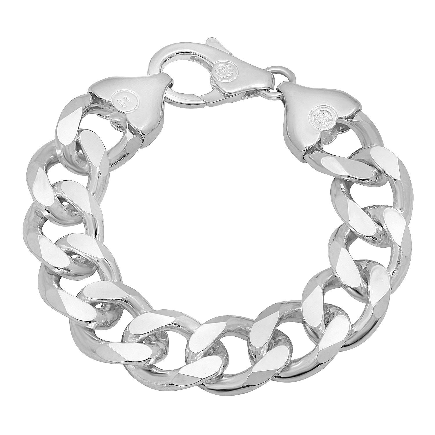 16.6mm Solid .925 Sterling Silver Beveled Curb Chain Bracelet for Men & Women - Durable Fashion Jewelry for Everyday Wear, Gifts & Special Occasions