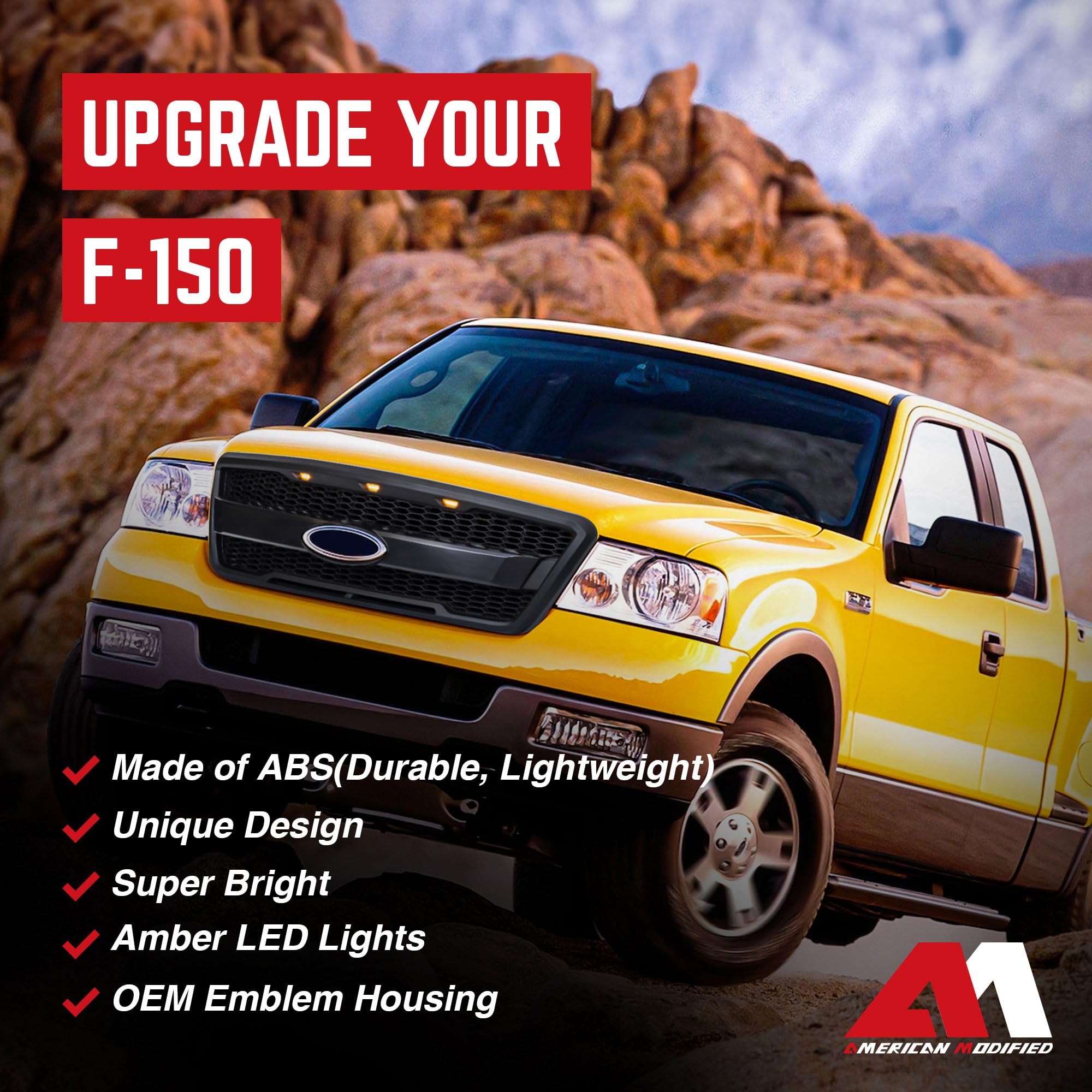 **2004-2008 Ford F150 Raptor Style Mesh Grille with Amber LED Lights & Emblem Base - Matte Black | Off-Road & Custom Truck Upgrade**