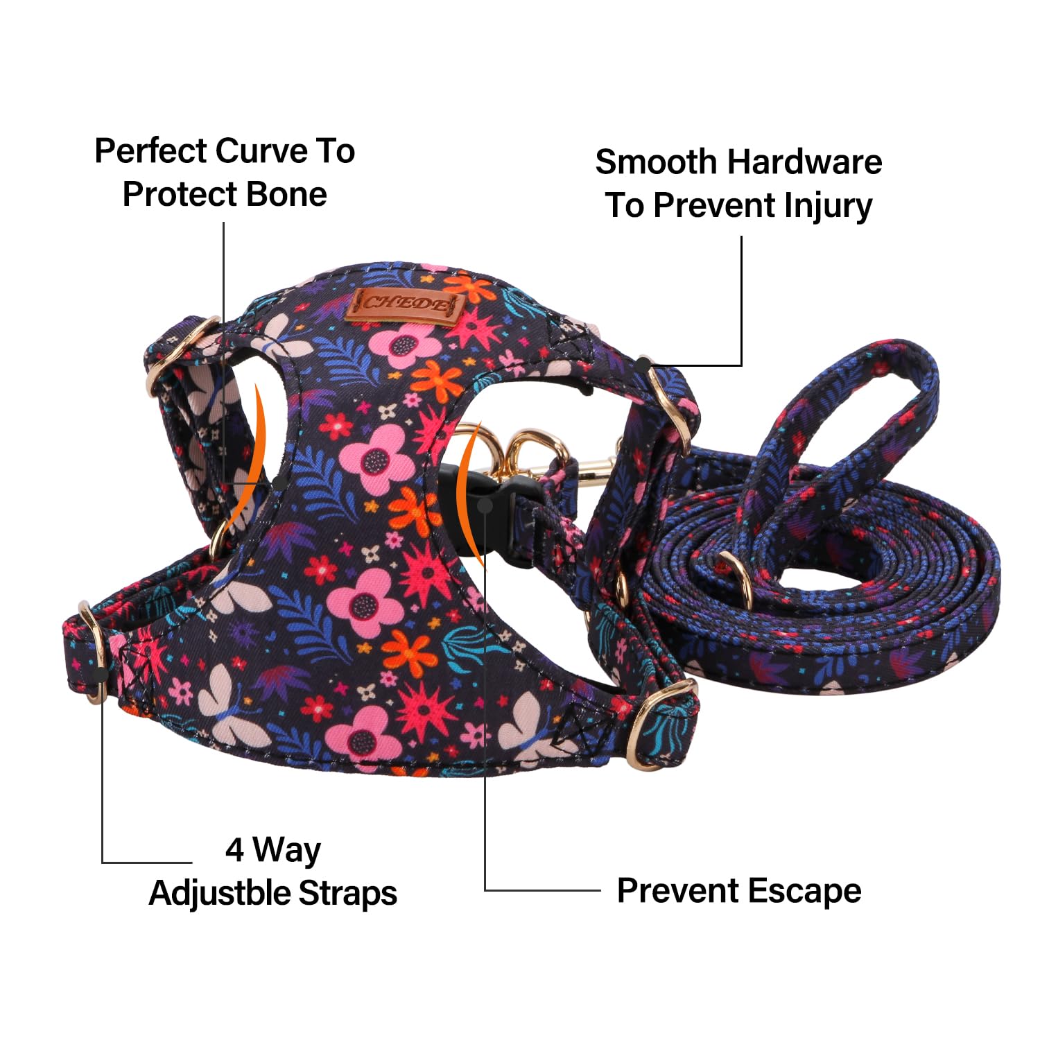**CHEDE No-Pull Floral Dog Harness – Lightweight Adjustable Small Dog Harness & Leash Set for Puppies & Medium Dogs | Perfect for Walking, Training & Outdoor Adventures**