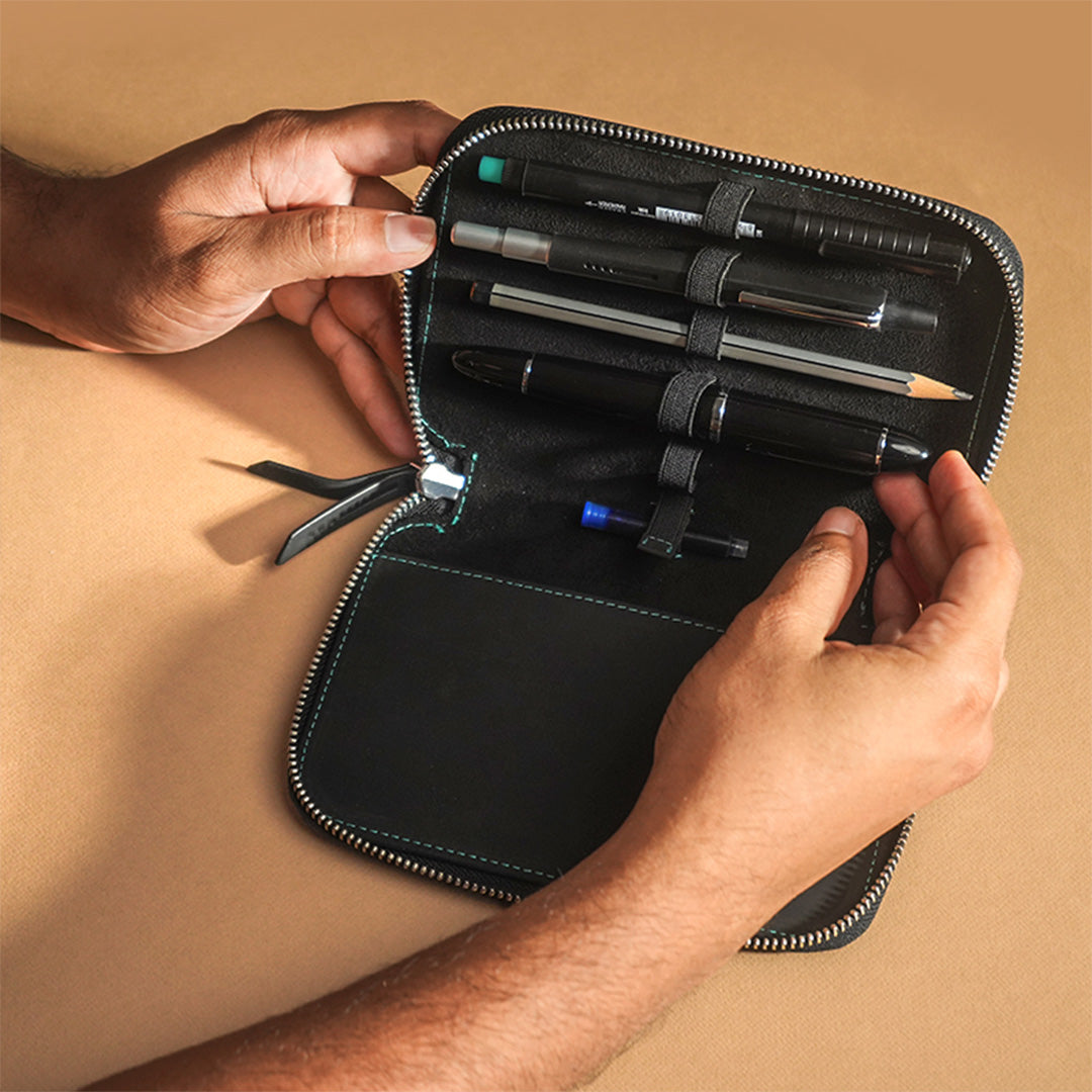Premium Leather Adjustable 5 Pen Pouch - Black - Perfect for Office, School & Travel Organization