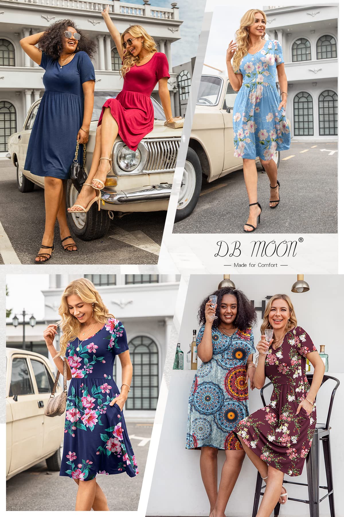 DB MOON Women's Plus Size Summer Casual Dress 2025 - V Neck Short Sleeve Knee Length Dress with Pockets XL | Perfect for Beach Vacation, Outdoor Picnic & Daily Wear