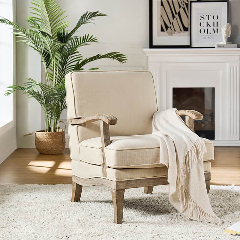 Randolph Farmhouse Upholstered Accent Chair with Wooden Legs - Comfortable Living Room Armchair for Home Decor, Reading Nook & Cozy Sitting Area (Multiple Style Options Available)