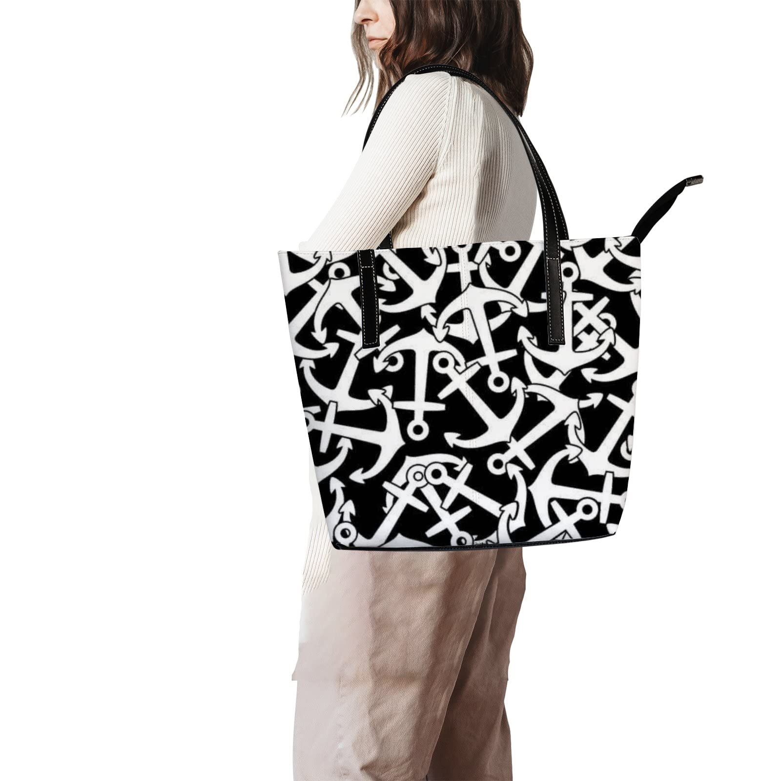 Stylish Black and White Nautical Anchor Tote Bag for Women - Leather Crossbody Handbag with Zipper - Perfect for Work, Travel & Everyday Use