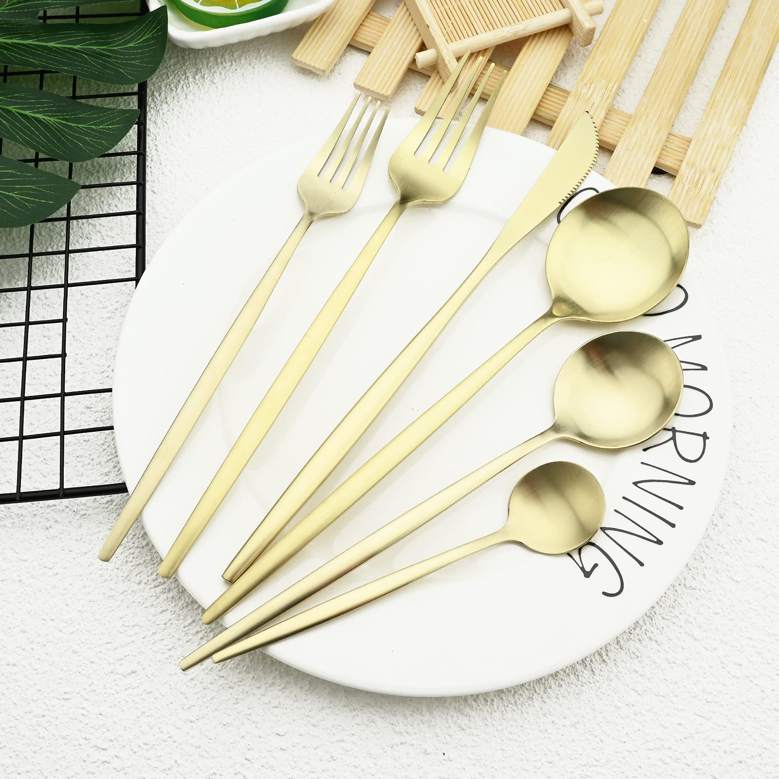 36-Piece Stainless Steel Flatware Set - Satin Finish Champagne Gold Silverware for 6, Includes Coffee Spoon - Elegant Dining Utensils for Wedding, Dinner Party & Home Kitchen