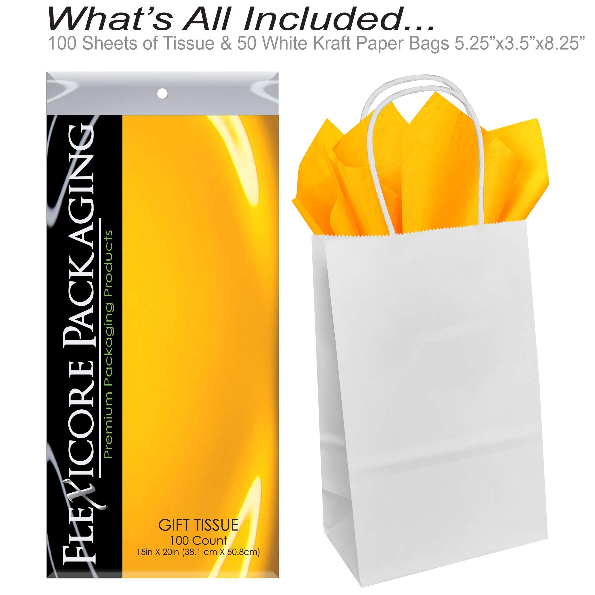 Premium White Kraft Paper Gift Bags with Goldenrod Yellow Tissue Wrap - 5.25