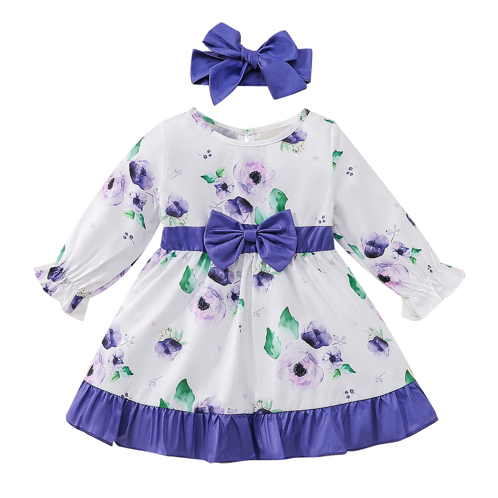Toddler Girls Autumn Dresses with Long Sleeves & Floral Prints - Ruffled Princess Dress & Headband Set for Fall Outfits | Perfect for Birthday Parties, Family Photos & Holiday Events