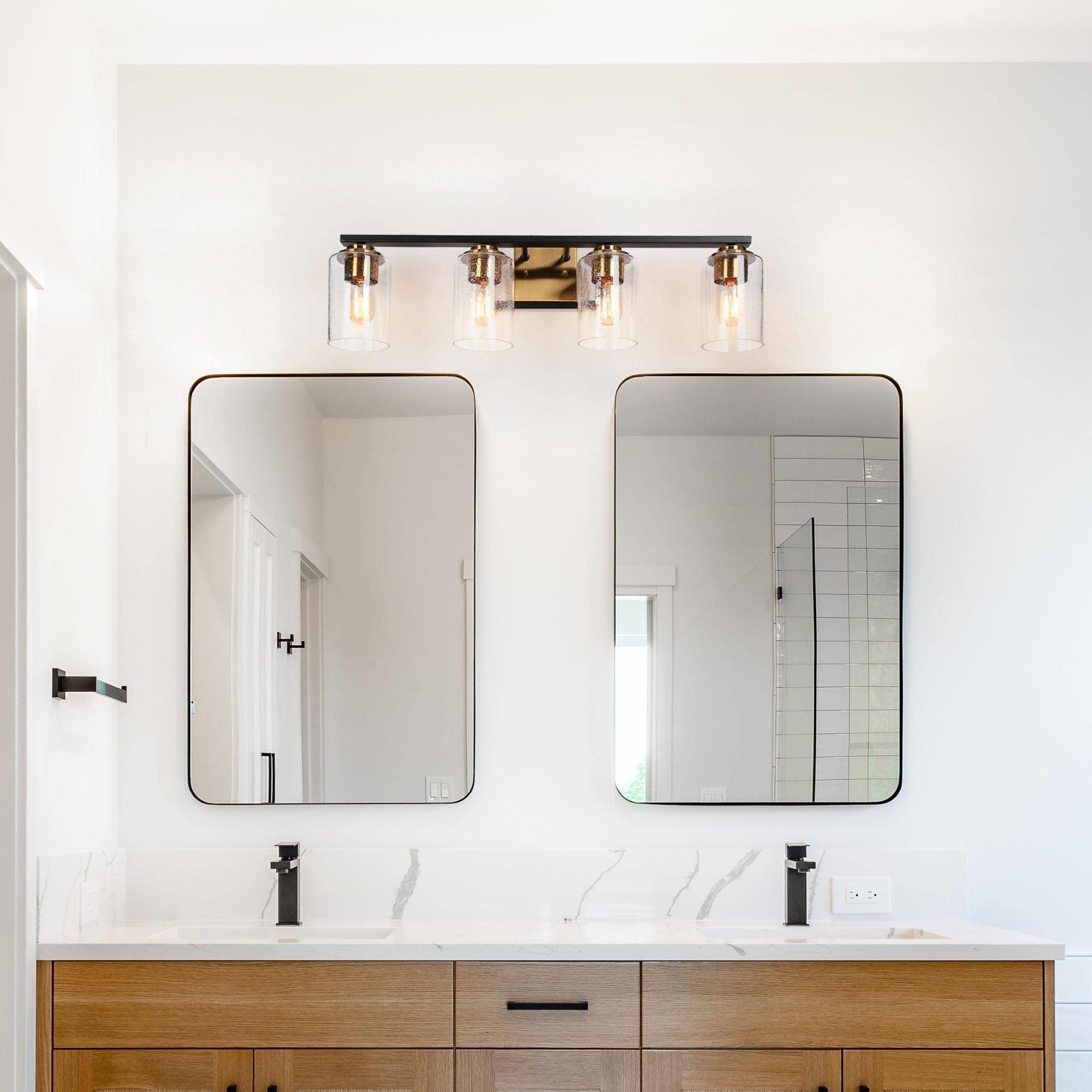 ZEVNI Modern Bathroom Vanity Light Fixture - 4-Light Black Gold Wall Sconce with Seeded Glass Shades for Mirror Lighting, 28
