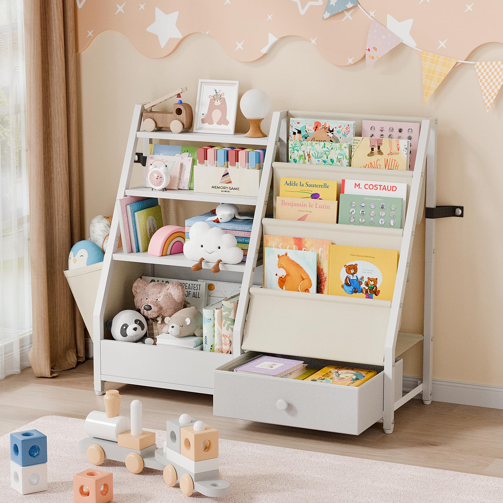 White Kids Bookshelf & Toy Storage Organizer - Montessori Bookcase for Nursery, Toddler Room & Playroom - Perfect for Organizing Books, Toys & Learning Materials