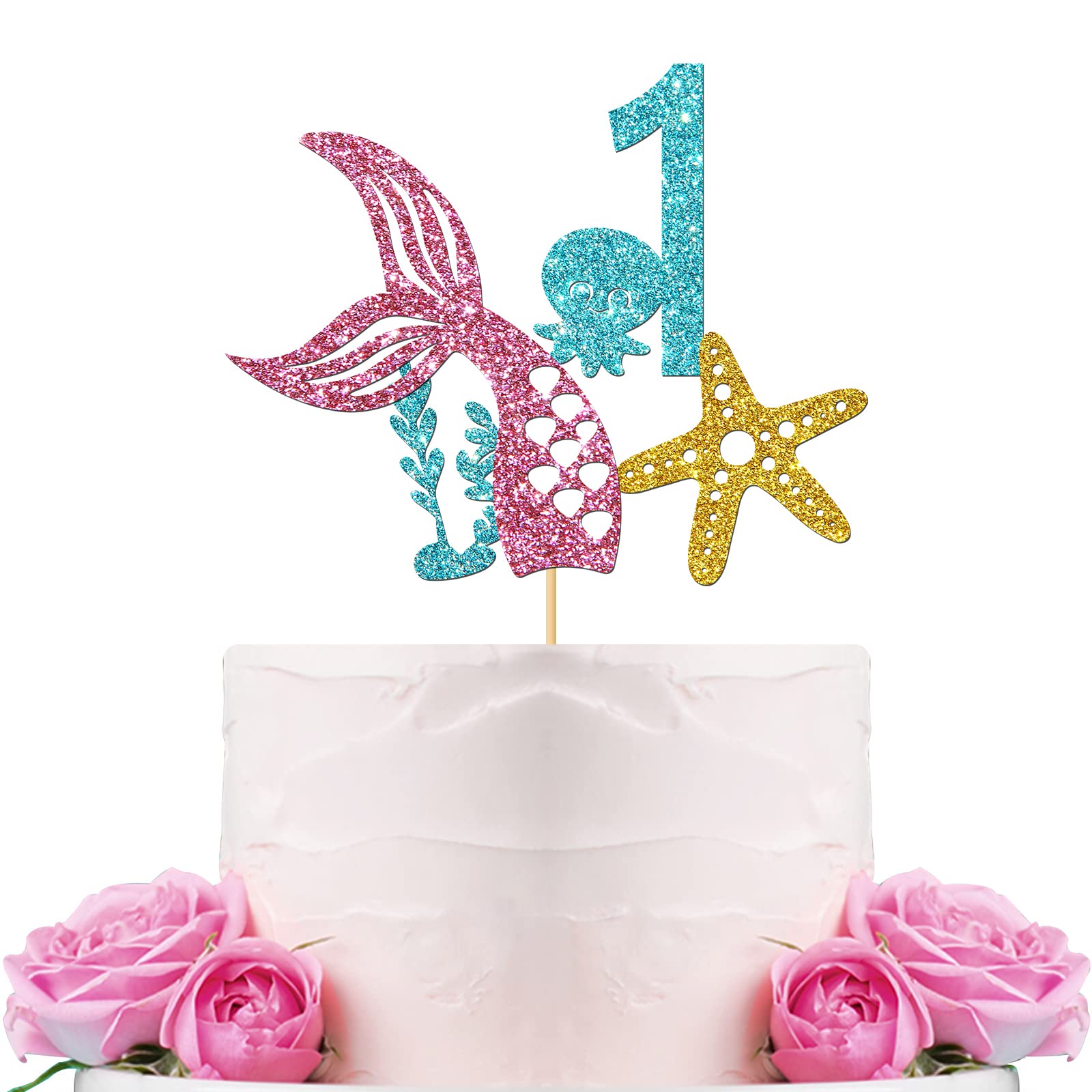 WeBenison Mermaid Ocean Theme 1st Birthday Cake Topper - Under The Sea Octopus & Mermaid Decor for Baby Girl's First Birthday Party - Blue One Sign - Perfect for Beach Themed Celebrations & Nautical Baby Showers