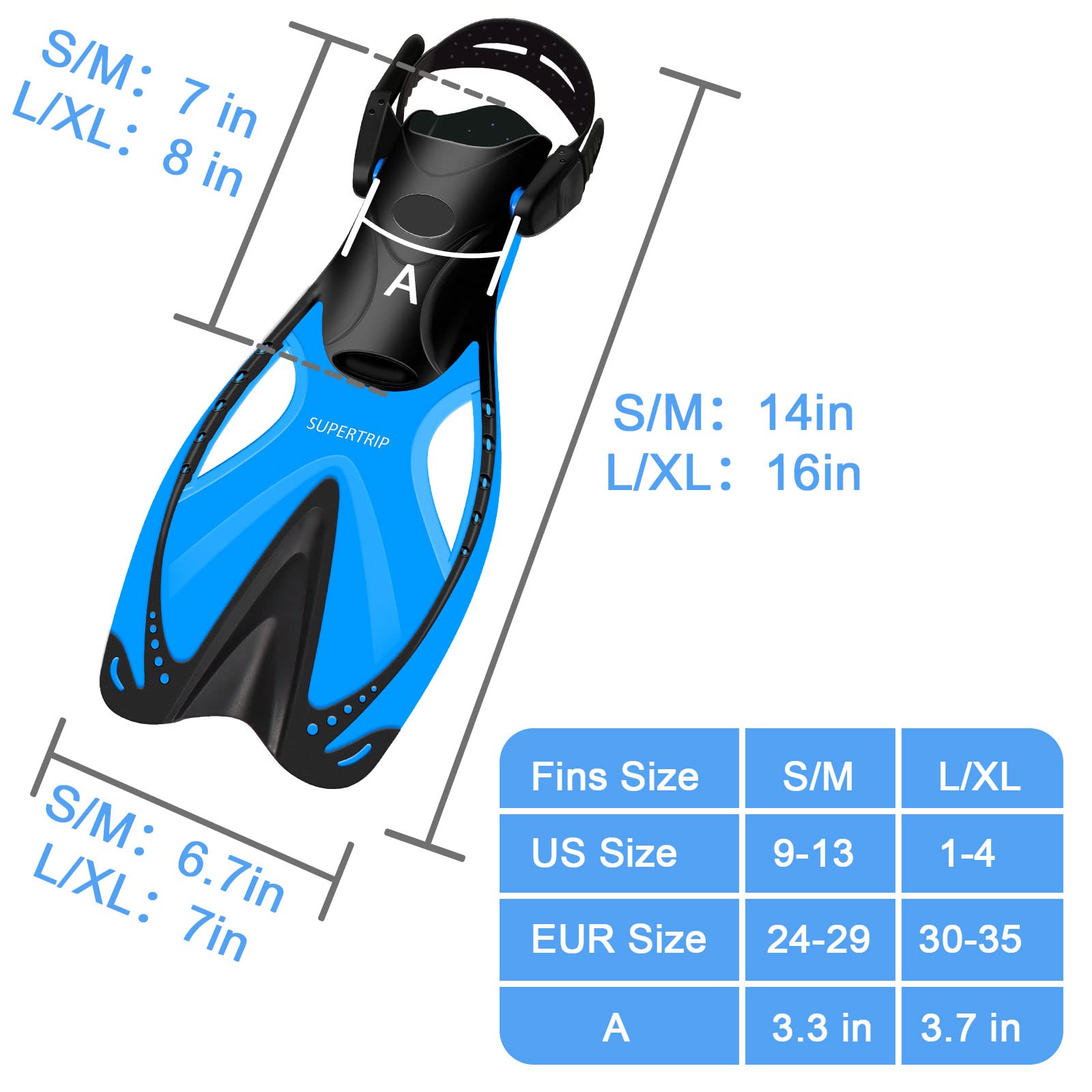 **Supertrip Kids Snorkel Fins - Adjustable Short Swim Flippers for Lap Swimming, Scuba Diving & Snorkeling - Travel Size Diving Fins for Boys & Girls Ages 6-14 - Perfect for Pool, Beach & Ocean Adventures**