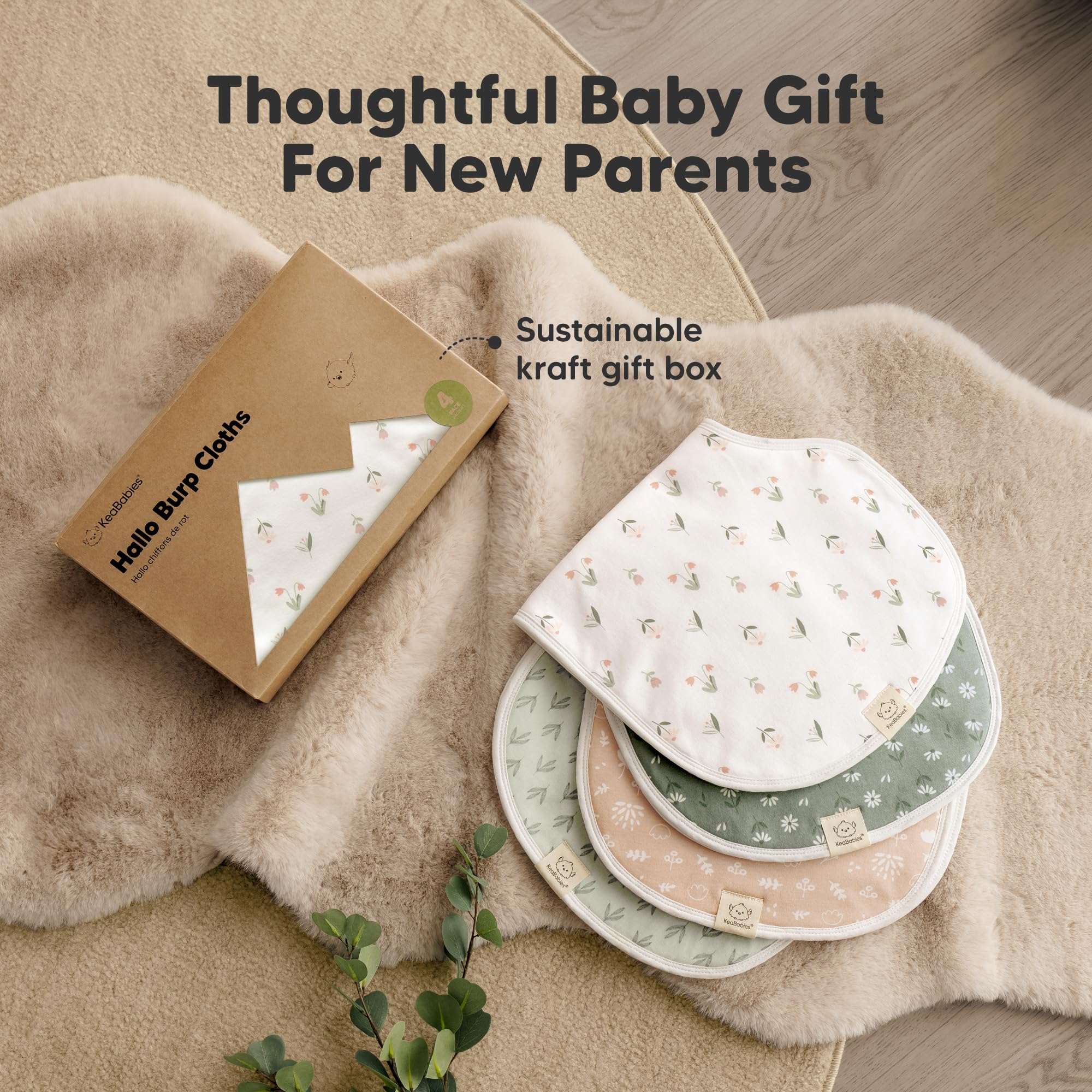 KeaBabies 4-Pack Organic Cotton Baby Burp Cloths - Extra Large, Super Absorbent & Ultra Soft Burping Cloths for Newborns & Infants (Girl & Boy) - Perfect for Feeding, Spit-Up Protection & Gentle Skin Care (Fleur Design)