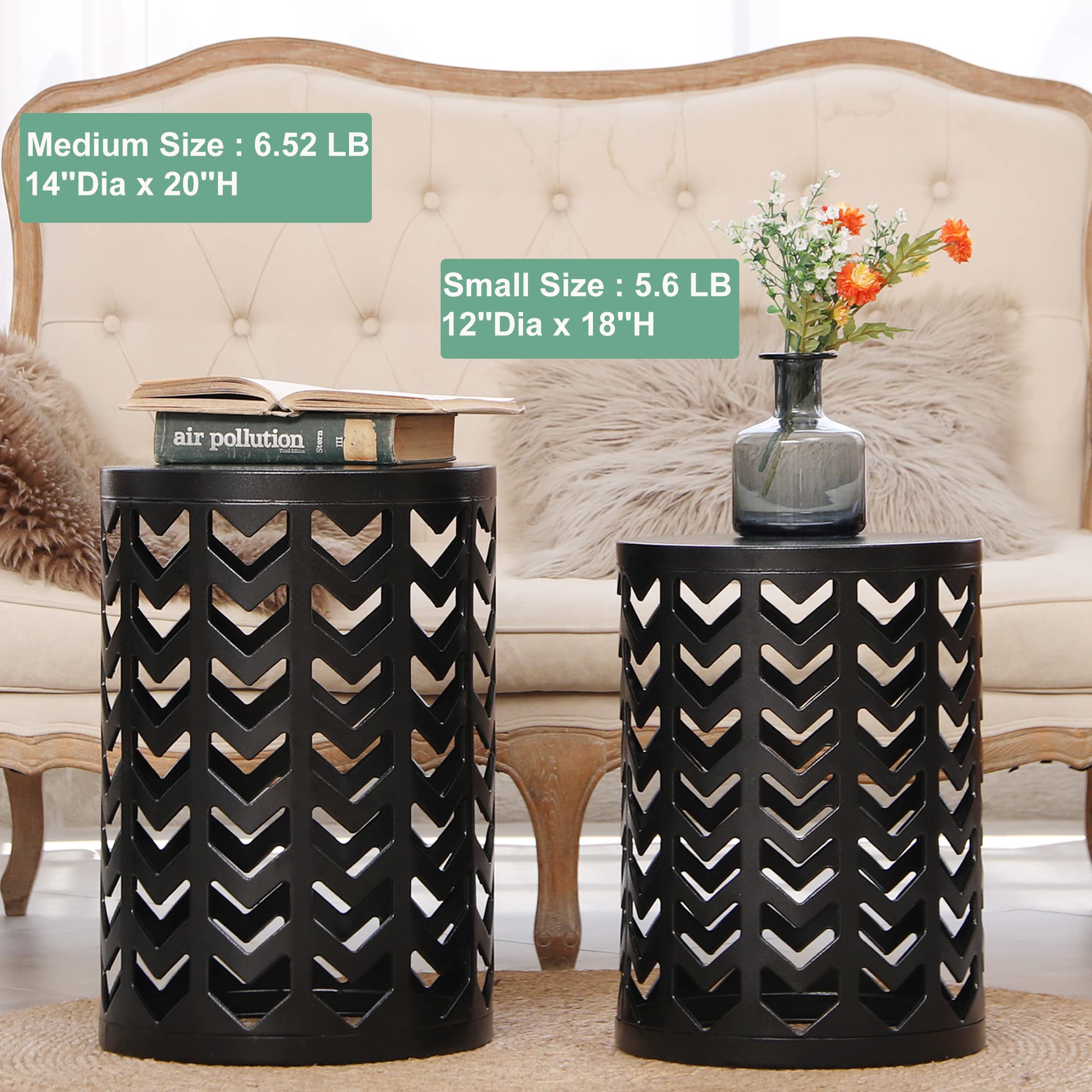 Y&M Set of 3 Round Metal Coffee Tables - Indoor Outdoor Side Tables, End Tables & Plant Stands - Heavy Duty Decorative Garden Stools in Black | Perfect for Living Room, Patio, Balcony & Backyard (Ships from USA)