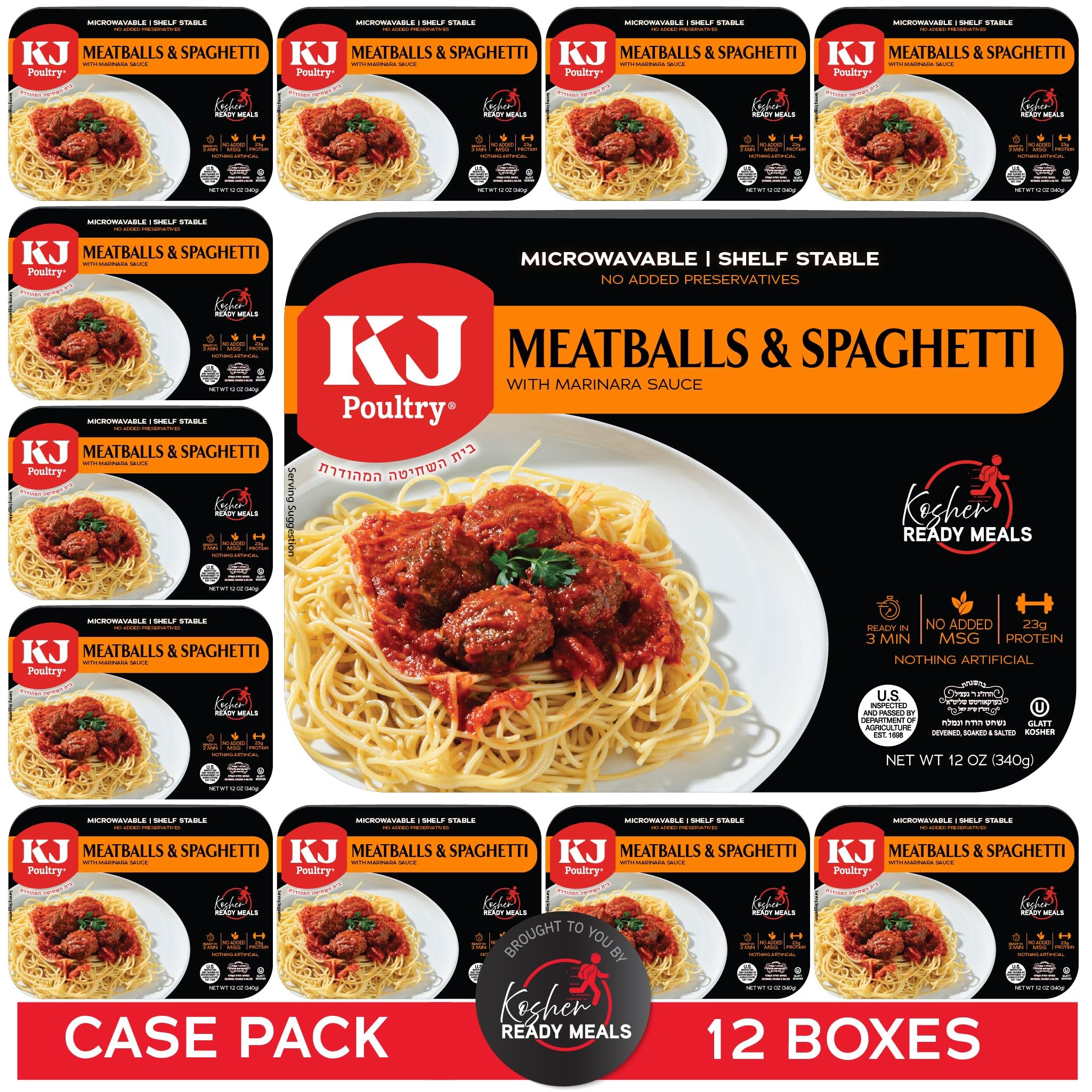 Kosher Ready Meals - Spaghetti & Meatballs (12 Pack) | Fully Cooked MRE Meals | Shelf Stable Microwave Dinner | Ideal for Travel, Military, Camping & Emergency Survival | Quick Meal Solution for Outdoor Adventures & Power Outages