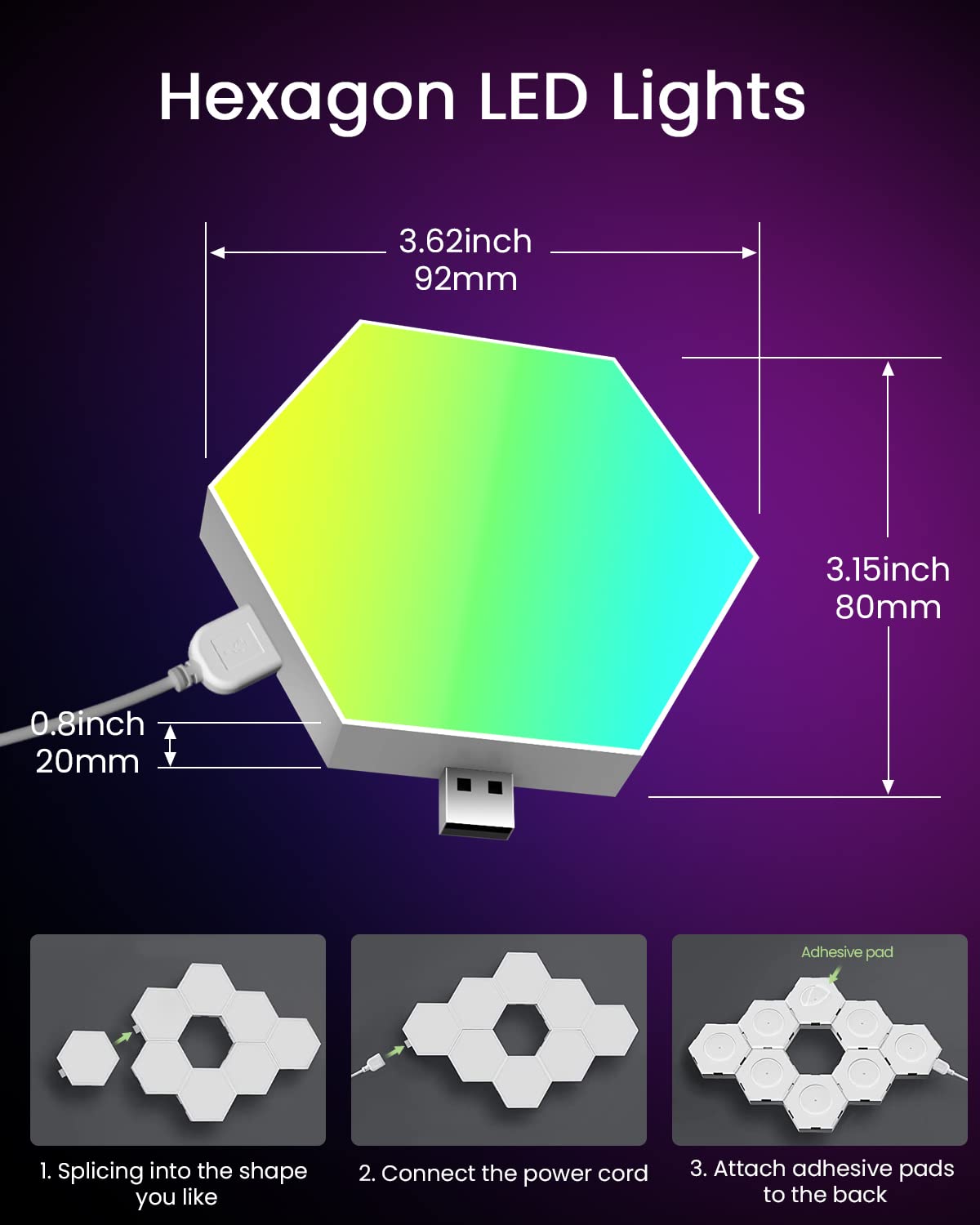 8 Pack Hexagon LED Wall Panels - Smart RGB Gaming Lights with App Control, Modular Hex Tile Lighting for Home & Room Decor | Perfect for Bedroom, Game Room, Party & Mood Lighting