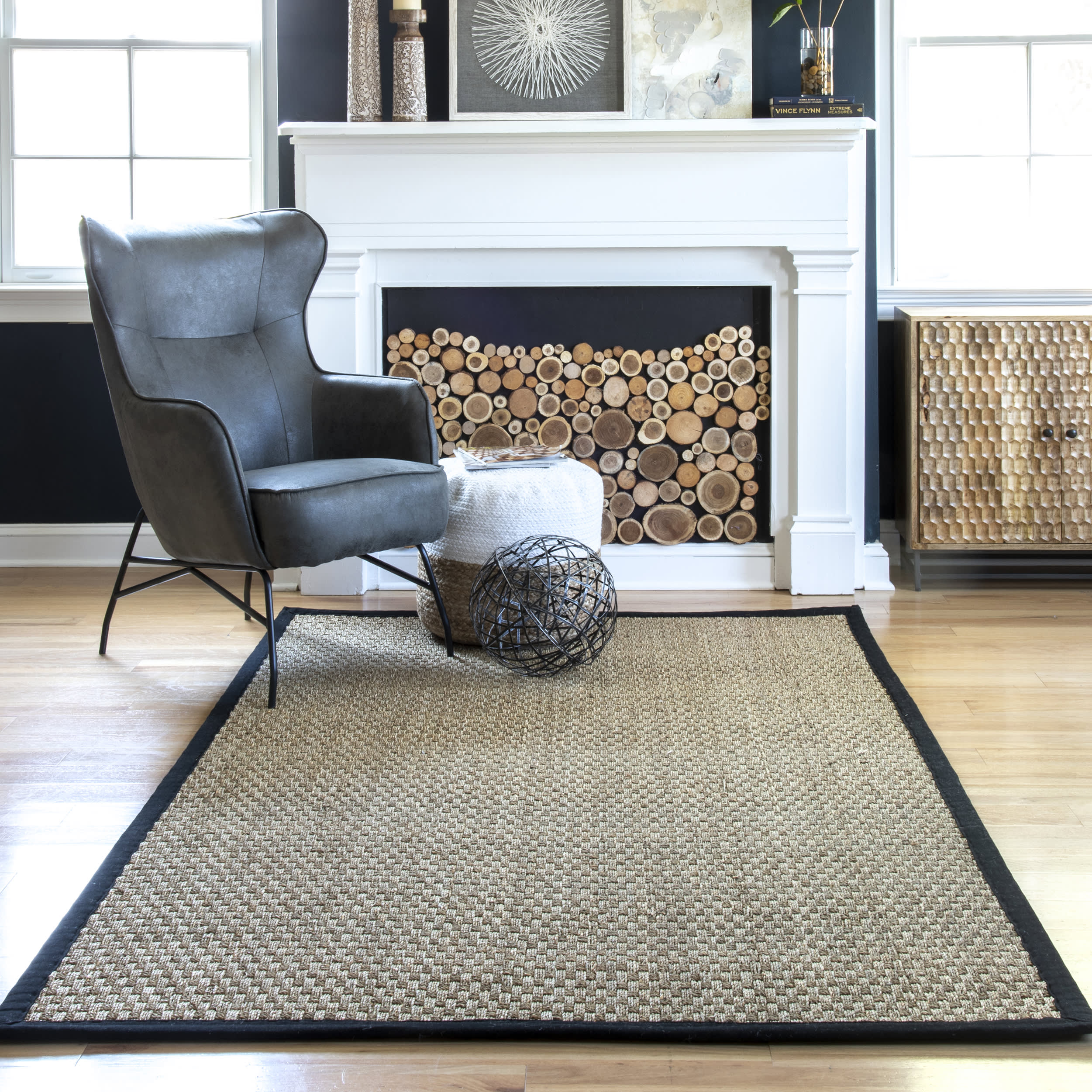 Checker Weave Seagrass Rug - Natural Eco-Friendly Woven Floor Mat | Black | Perfect for Living Room, Bedroom, or Boho Home Decor