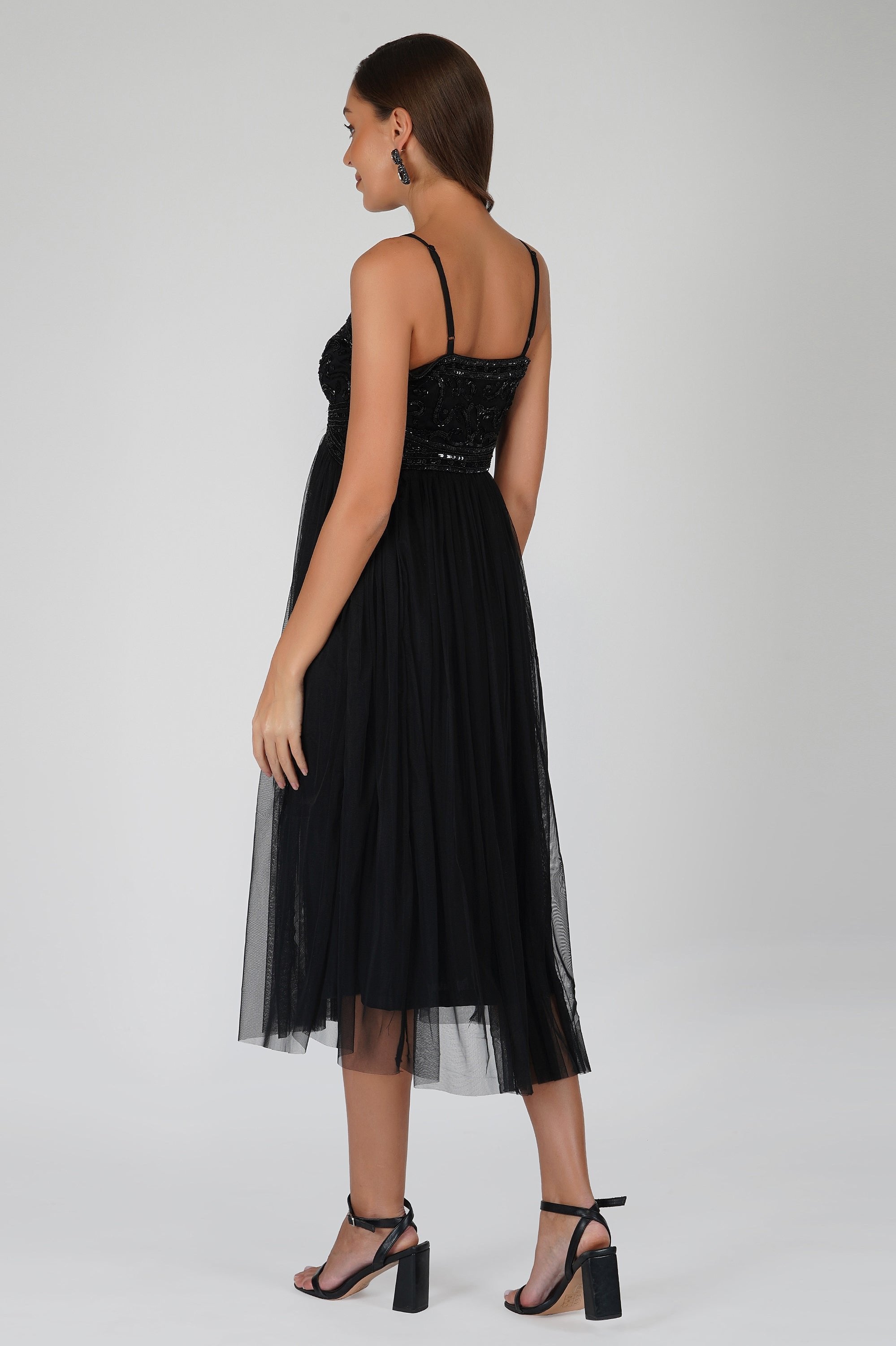 Ruhi Embellished Black Midi Dress for Women - Elegant Party & Evening Wear, Perfect for Weddings, Cocktails & Special Occasions