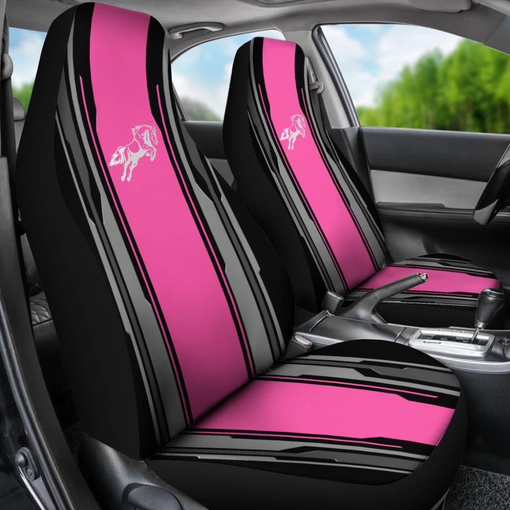 Premium Silver Pink Horse Mustang Custom Metallic Print Car Seat Covers - Universal Fit for Ford Mustang 2005-2023 - Soft Neoprene Material for Comfort & Style - Perfect for Car Enthusiasts, Gifts & Custom Rides
