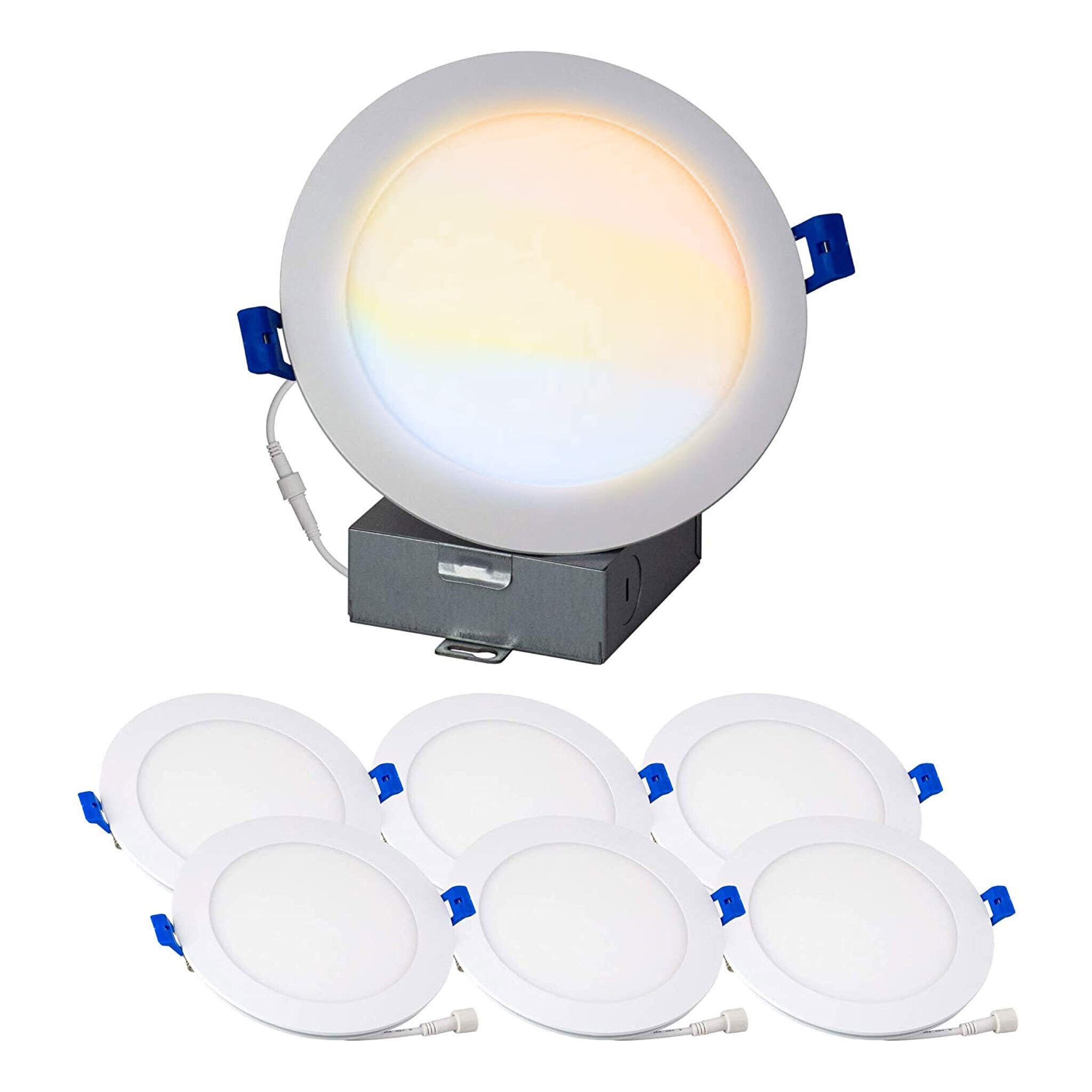 6 Pack 4 Inch Canless LED Recessed Lights - Dimmable Slim Downlight with 5 CCT Switch (2700K-5000K) - 9W 630LM Ultra-Thin Design with Junction Box - Perfect for Kitchen, Living Room & Bedroom Ceiling Lighting