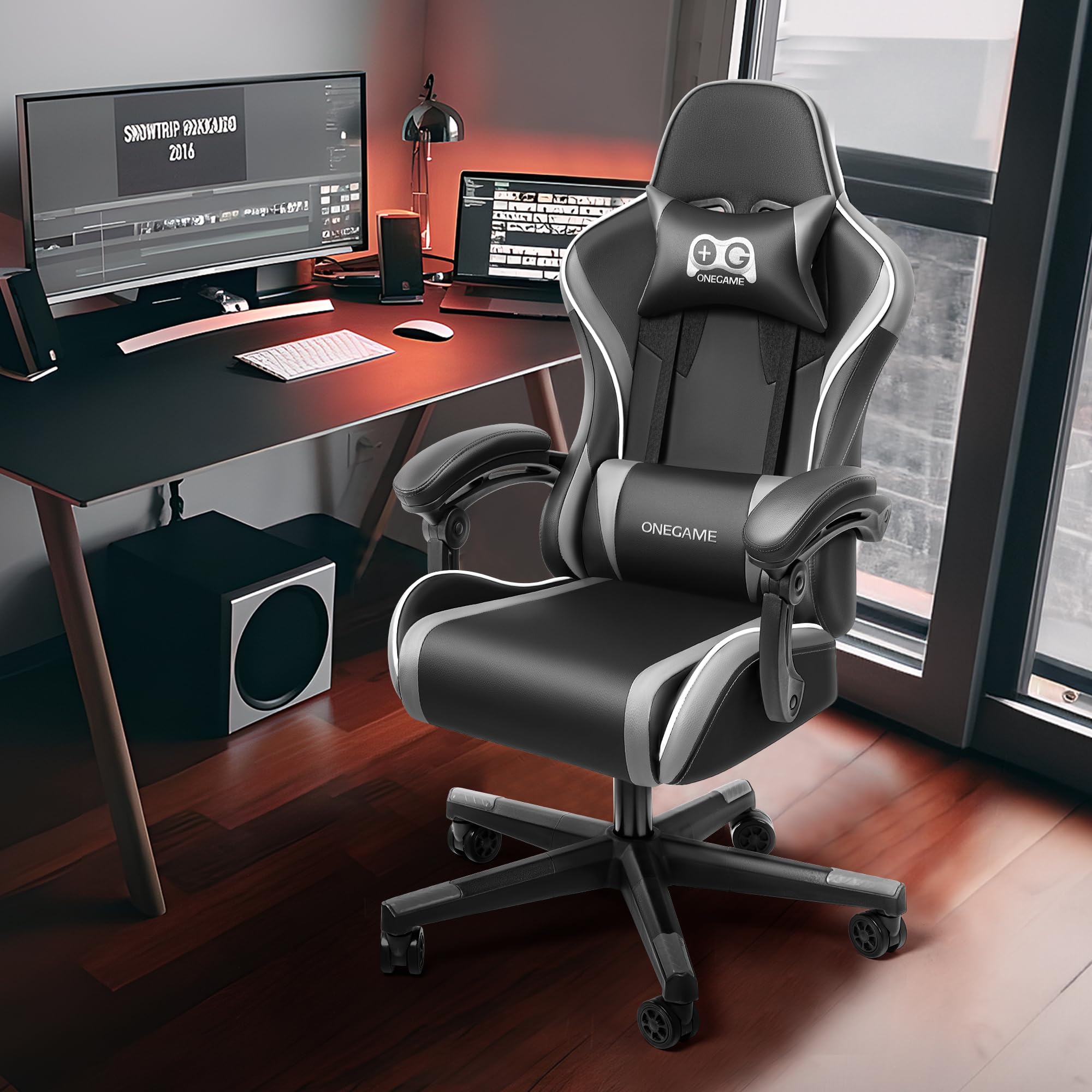 OneGame Ergonomic Gaming Chair for Adults - Racing Style Computer Office Desk Chair with Adjustable Headrest & Lumbar Support - Black/Gray - Perfect for PC Gaming, Streaming & Home Office Work