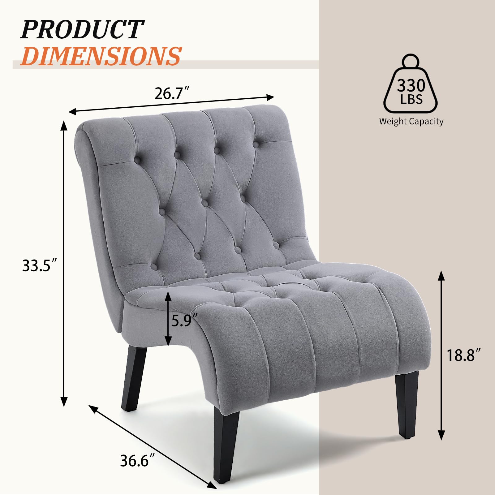 ECOTOUGE Velvet Upholstered Accent Chair - Armless Lounge Chair with Sturdy Wood Legs, Button Tufted Seat & Back for Ultimate Comfort | Perfect Reading Chair for Bedroom, Living Room & Home Office | Elegant Grey Home Decor