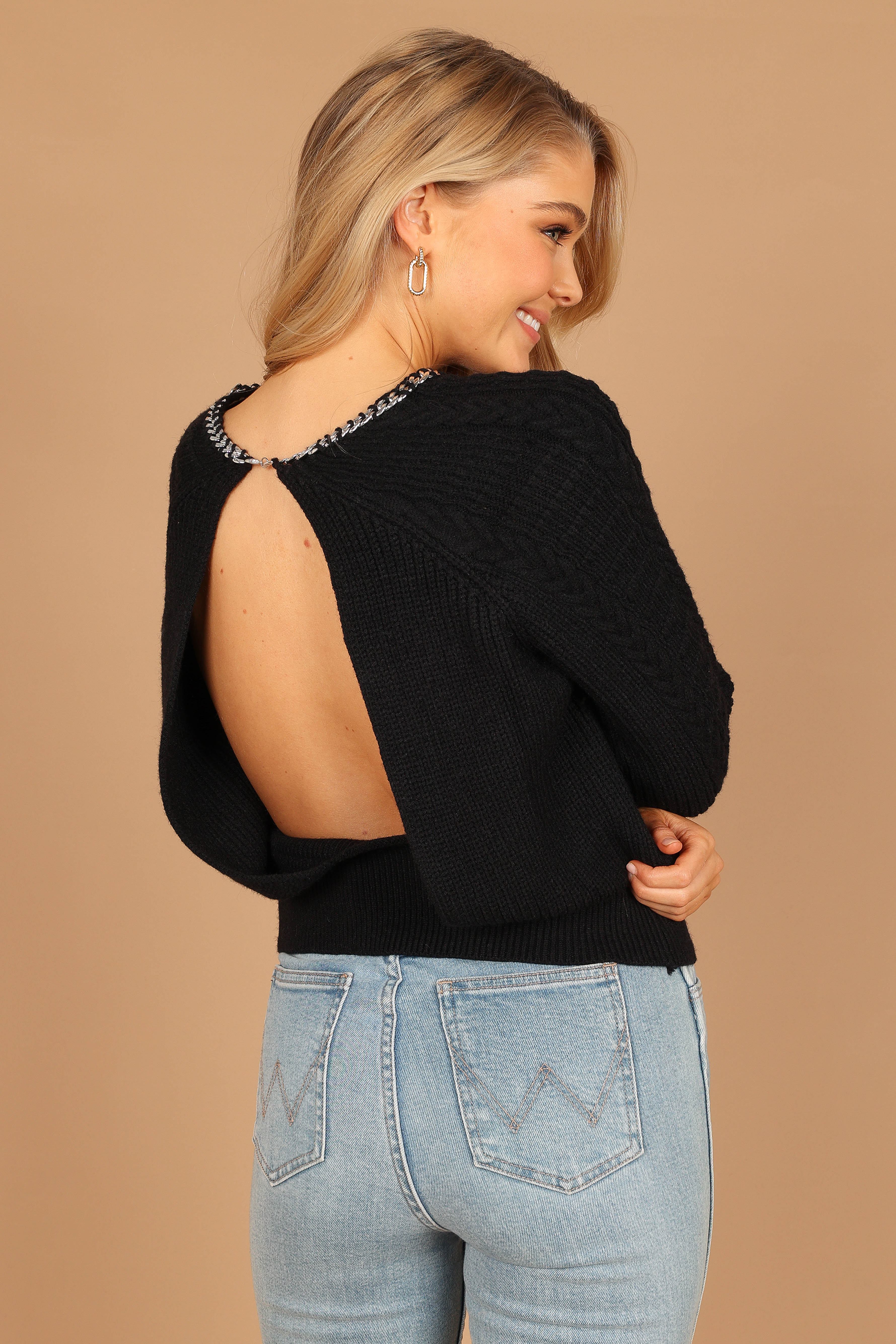 Liv Chain Detail Knit Sweater for Women - Soft Chunky Cable Knit Pullover Sweater Black | Winter Warm Casual Outfit for Office, Date Night & Weekend Wear