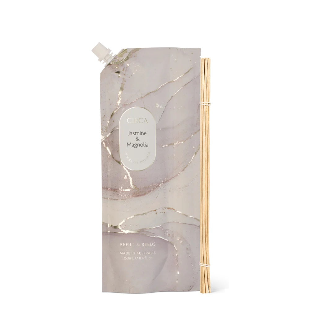 Circa Fragrance Diffuser Refill Pouch with Reeds - 250mL Jasmine & Magnolia Scented Oil for Home, Office, and Spa Aromatherapy