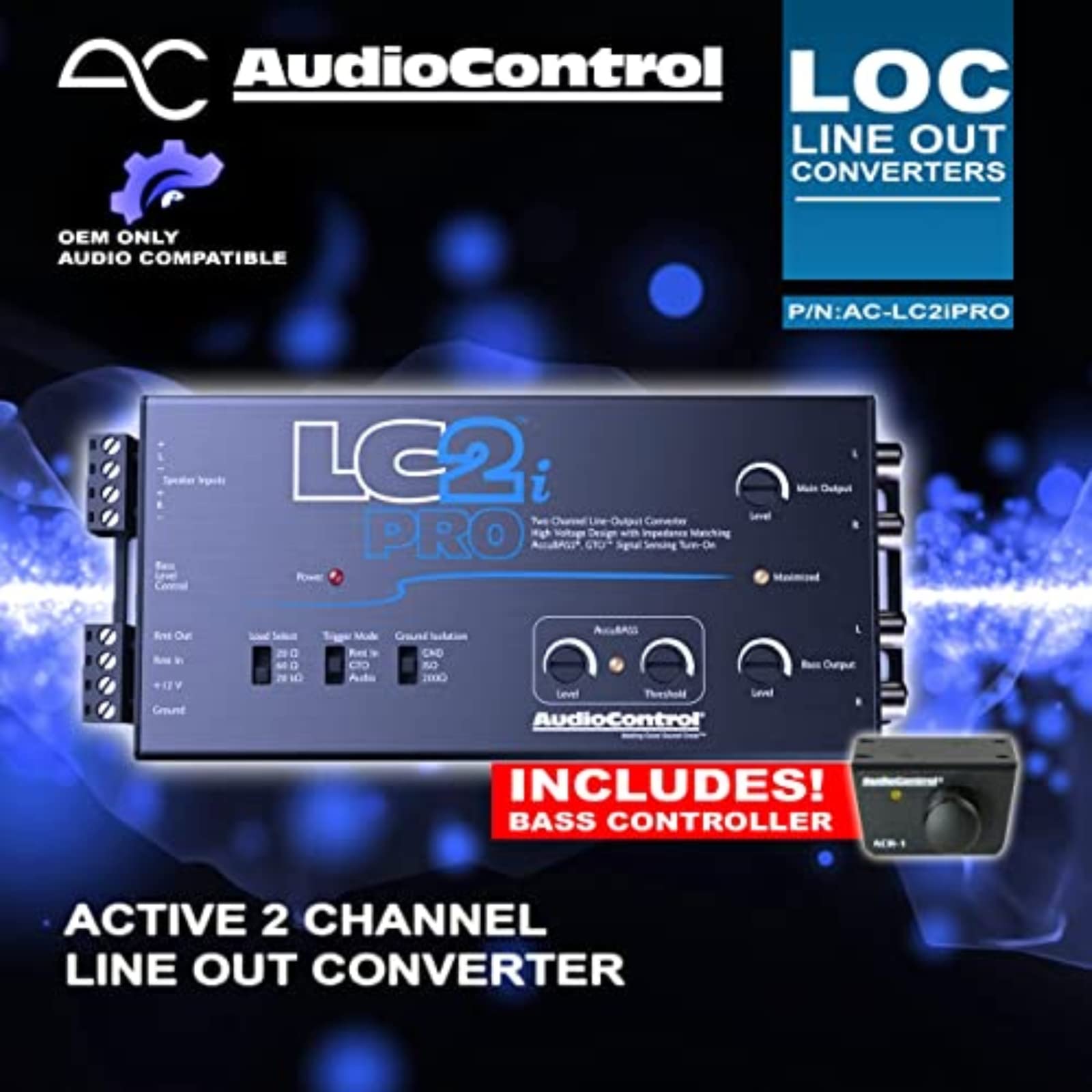 AudioControl LC2i PRO 2-Channel Line Output Converter with Wireless Qi Charger - Impedance Matching, AccuBASS & GTO Technology - Car Audio System Upgrade for Amplifiers & Subwoofers - Includes ACR-1 Dash Remote Control - Perfect for DIY Car Stereo Installations & Professional Sound Systems
