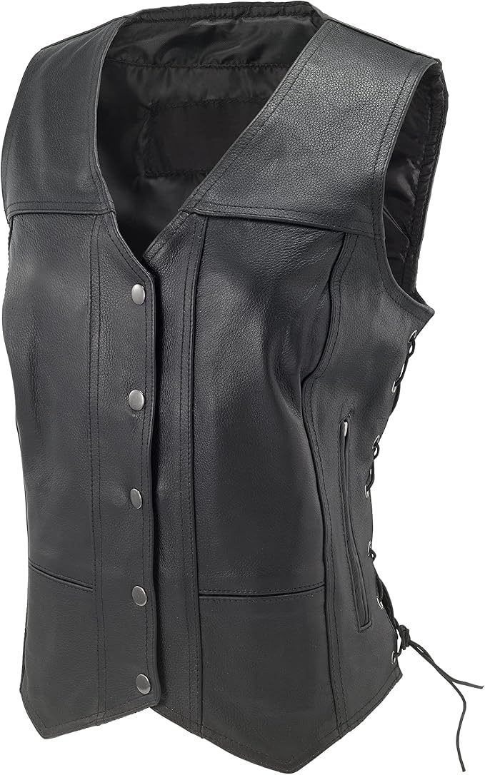 EXCELSIOR INT Women's Concealed Carry Sleeveless Leather Vest - Side Lace Biker Jacket for Motorcycle Riding (Black, Large) | Perfect for Outdoor Adventures & Casual Wear