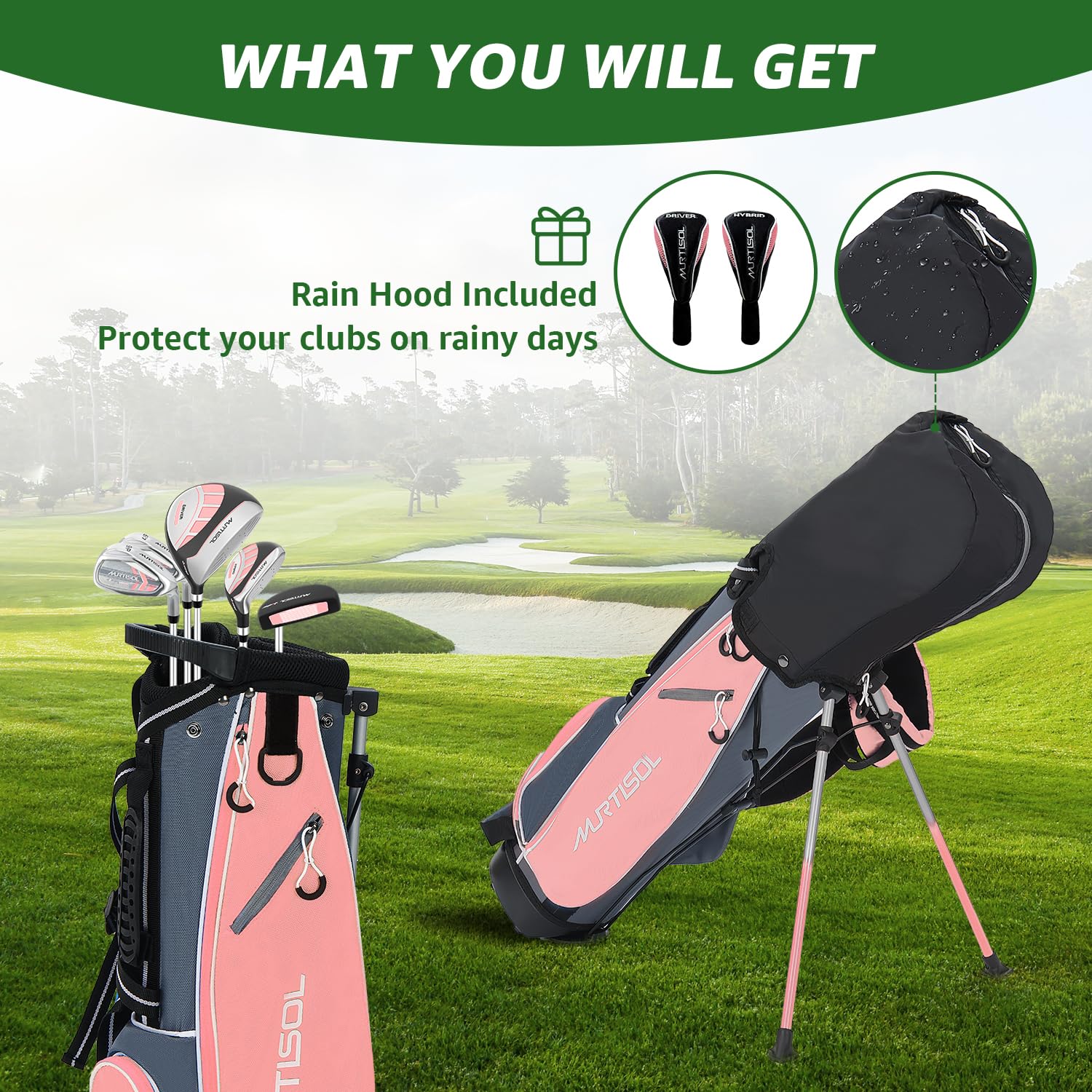 5/6 Piece Kids Golf Club Set for Boys & Girls Ages 5-14 - Junior Golf Clubs with Stand Bag, Driver, Hybrid, Irons & Putter (Right Hand) - Perfect for Backyard Practice, Driving Range & Junior Golf Tournaments