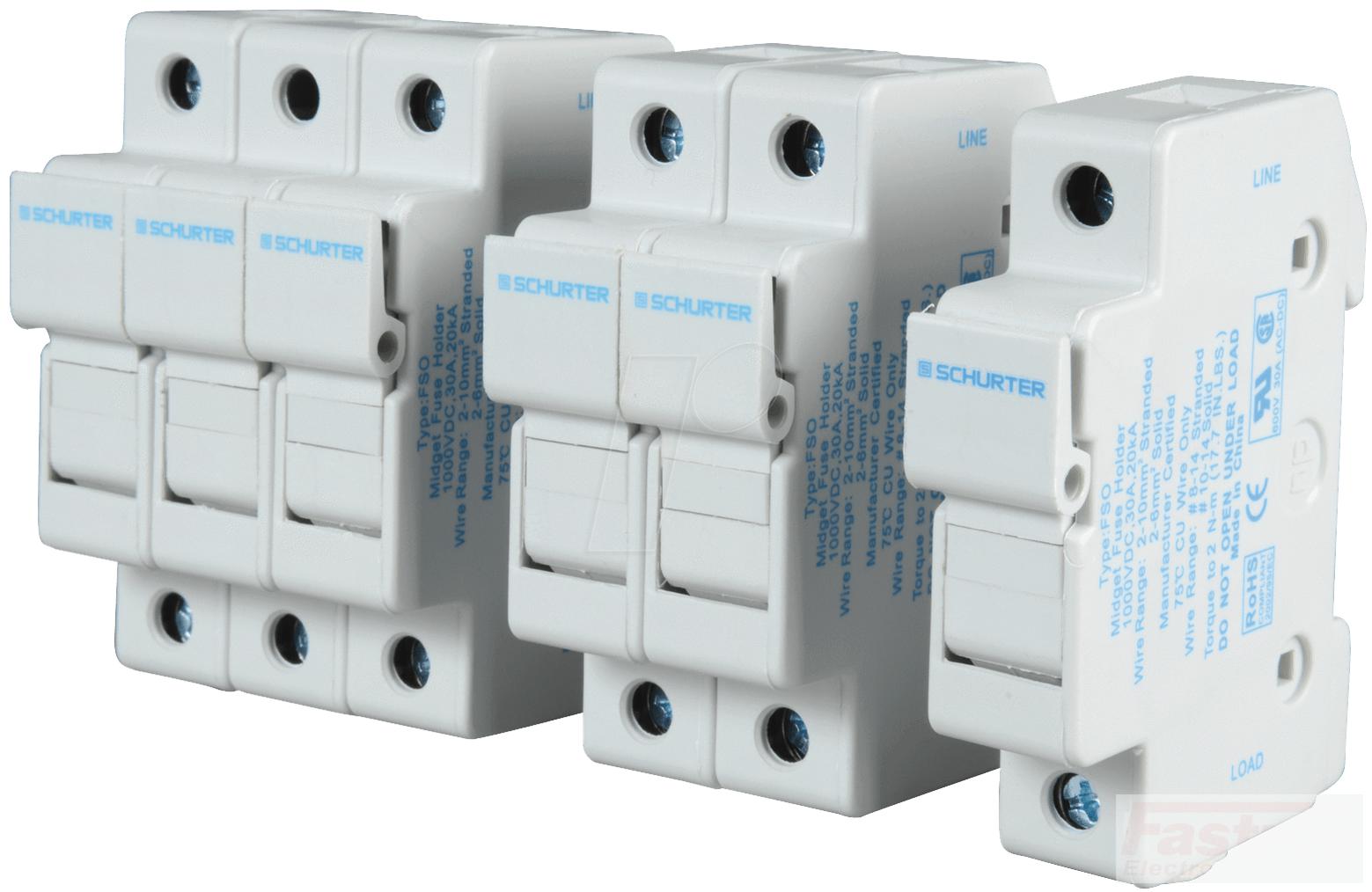 FSO DIN Rail Mount Fuse Holder 3 Pole for 10.3 x 38mm, 1000VDC Solar PV Fuse (ASO Series) - Ideal for Solar Panel Systems, Industrial Control Panels, and Electrical Distribution Boxes