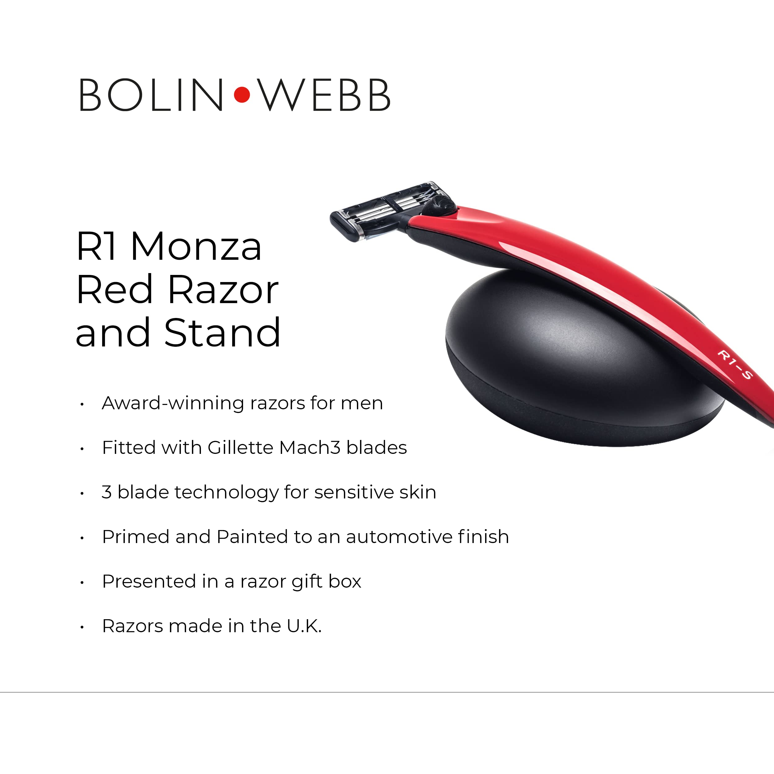 Premium Bolin Webb R1 Monza Red Safety Razor with Stand & Gillette Mach3 Blades - Luxury Men's Shaving Kit for Smooth Shave - Perfect Gift for Him, Home & Travel Use