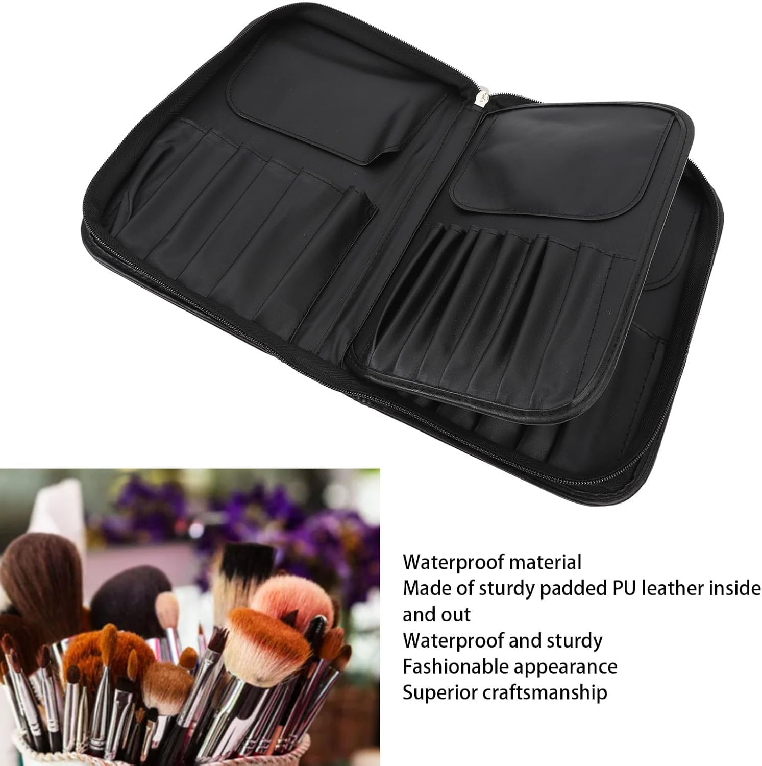 Professional Makeup Brush Holder Bag - COSLUXE BEILI Leather Cosmetic Organizer for Travel, Black Portable Makeup Artist Case | Perfect for On-the-Go Makeup Application & Brush Storage