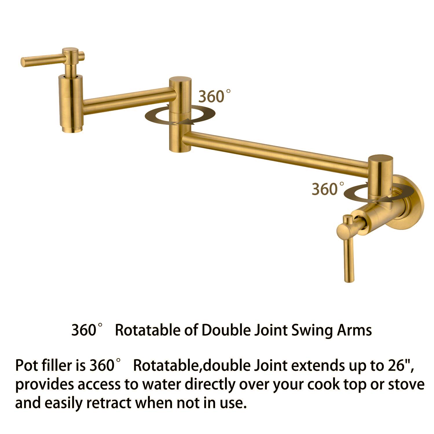 Wall Mount Gold Pot Filler Faucet - Lead-Free Brass, Swing Arm for Kitchen Sink