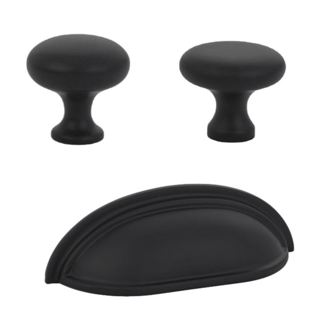 Vintage Matte Black Cabinet Knobs and Cup Pulls - Solid Brass Hardware for Kitchen & Bathroom Cabinets, Dressers, Drawers - Classic Heritage Style Home Decor