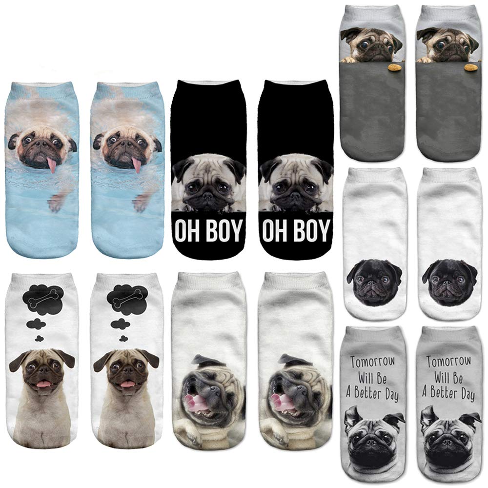Angelteers Unisex Pug Ankle Socks - 3D Funny Dog Print Low Cut Boat Socks for Men & Women | Cute Casual Wear, Gift Idea for Dog Lovers
