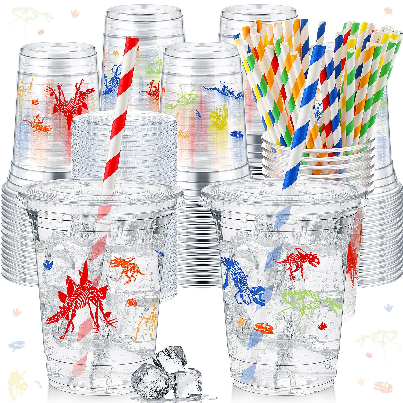 50 Pcs Dinosaur Themed 12oz Plastic Cups with Lids & Straws - Disposable Kids Party Cups for Birthday Decorations, Dinosaur Party Favors, and Outdoor Picnics