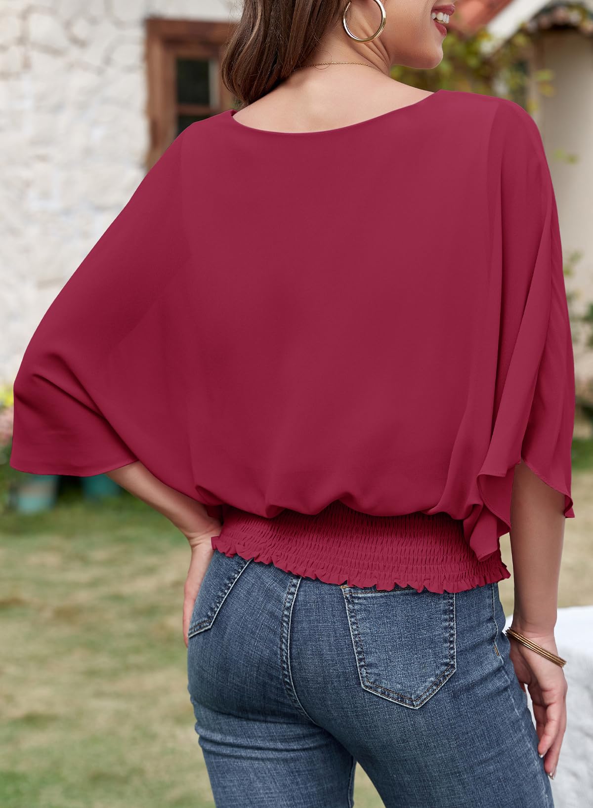 Dokotoo Women's 3/4 Sleeve Chiffon Blouse - Elegant Crewneck Business Casual Tops for Office, Party & Daily Wear | Flowy Dressy Shirt for Women