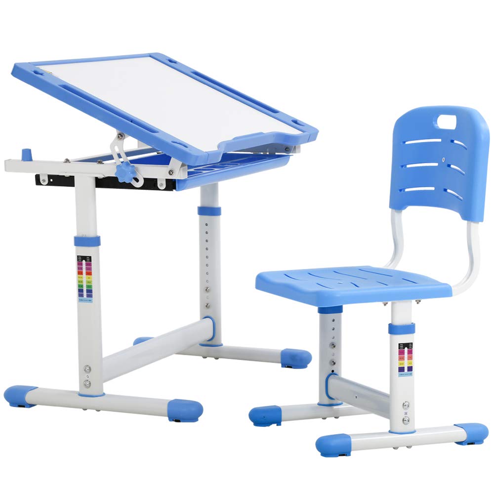 Adjustable Kids Desk and Chair Set - Ergonomic Children's Writing Desk with Tilted Desktop & Storage Drawer - Study School Desk for Home Learning, Homework & Art Activities (Blue) - Perfect for Small Spaces, Homeschooling & Interactive Learning Stations