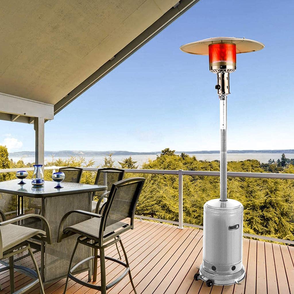 CRX Bay 46,000 BTU Outdoor Patio Heater with Wheels - Portable Propane & Natural Gas Heater for Backyard, Deck, Restaurant - Silver (In Stock) - Perfect for Outdoor Dining, Garden Parties & Cold Weather Gatherings