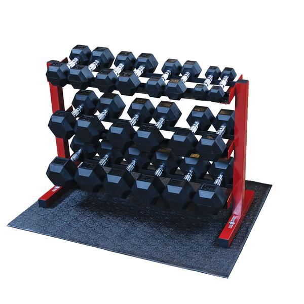 Body Solid 5-Piece 50 lb Rubber Dumbbell Set with Fitness Rack & Floor Mat - Home Gym Equipment for Strength Training & Workouts