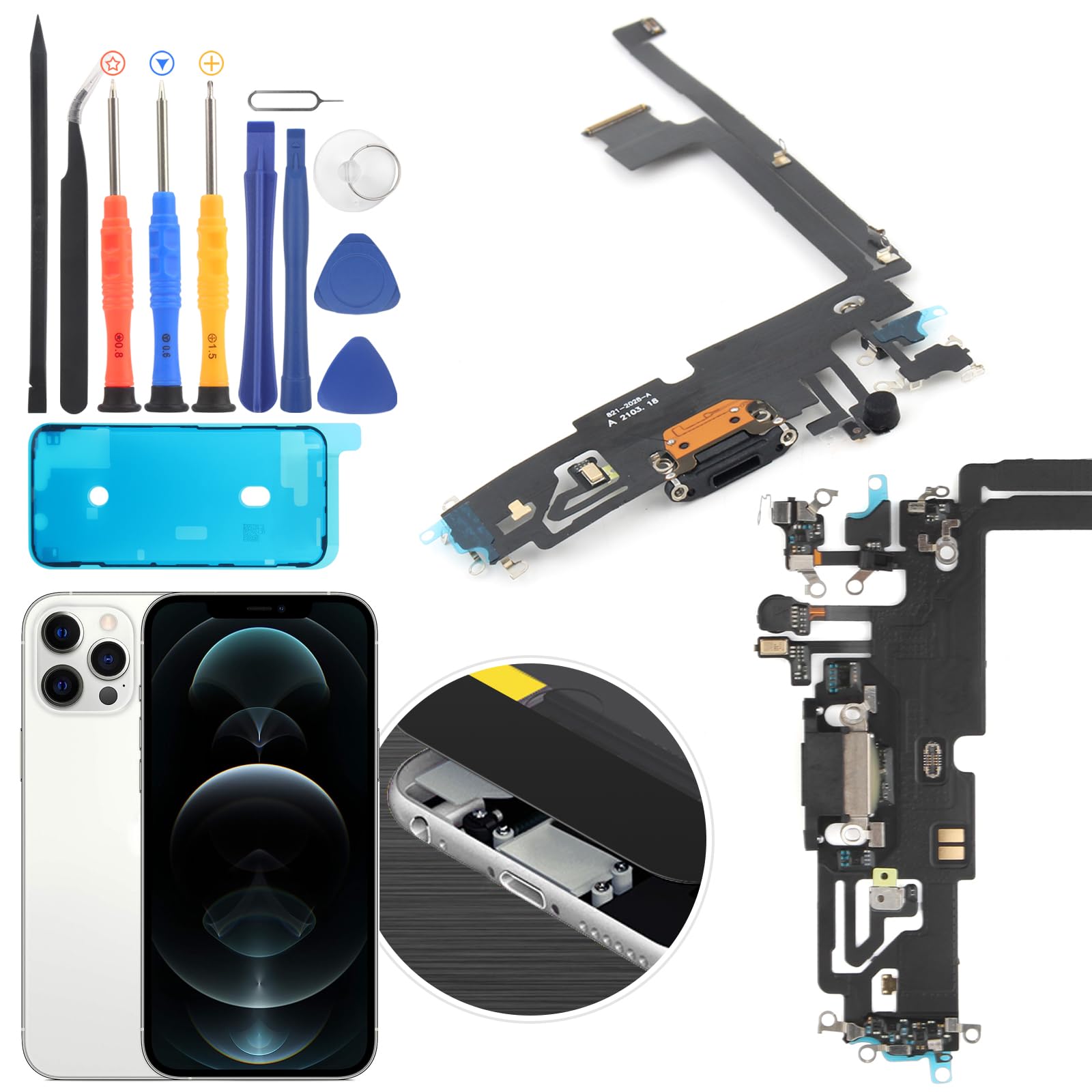 Original iPhone 12 Pro Max Dock Connector Replacement - USB Charging Port Flex Cable & Charger Dock Board Assembly with Repair Tools (Black) | Fix Charging Issues, DIY Phone Repair for iPhone 12 Pro Max