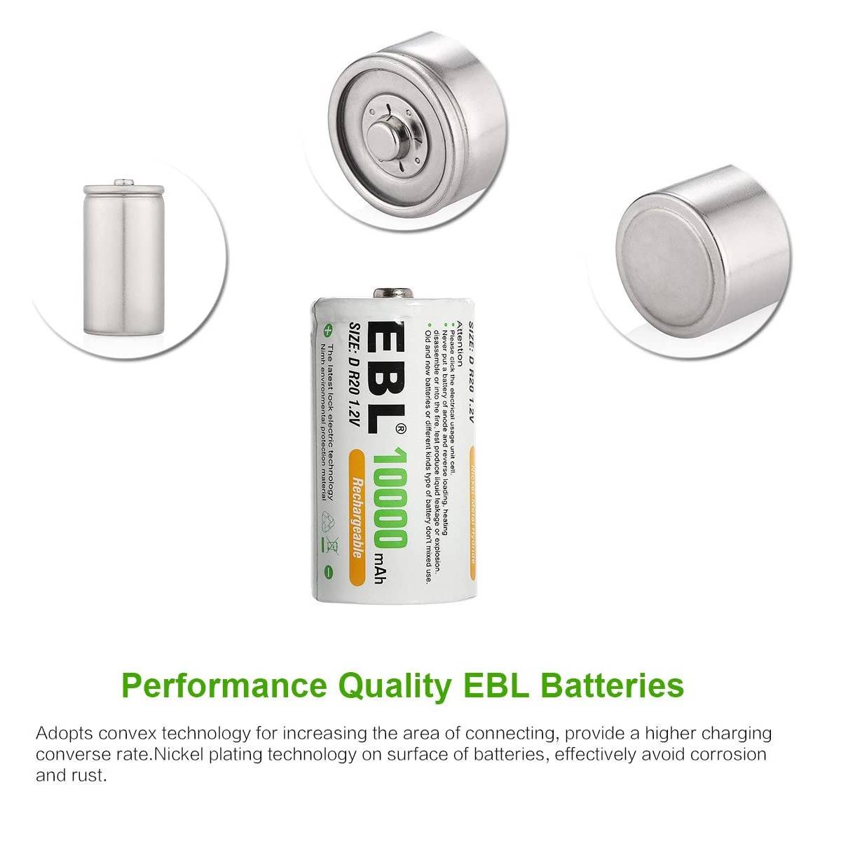 EBL D Size Rechargeable Batteries 10000mAh High Capacity - Long Lasting Power for Flashlights, Toys, Radios & Emergency Devices