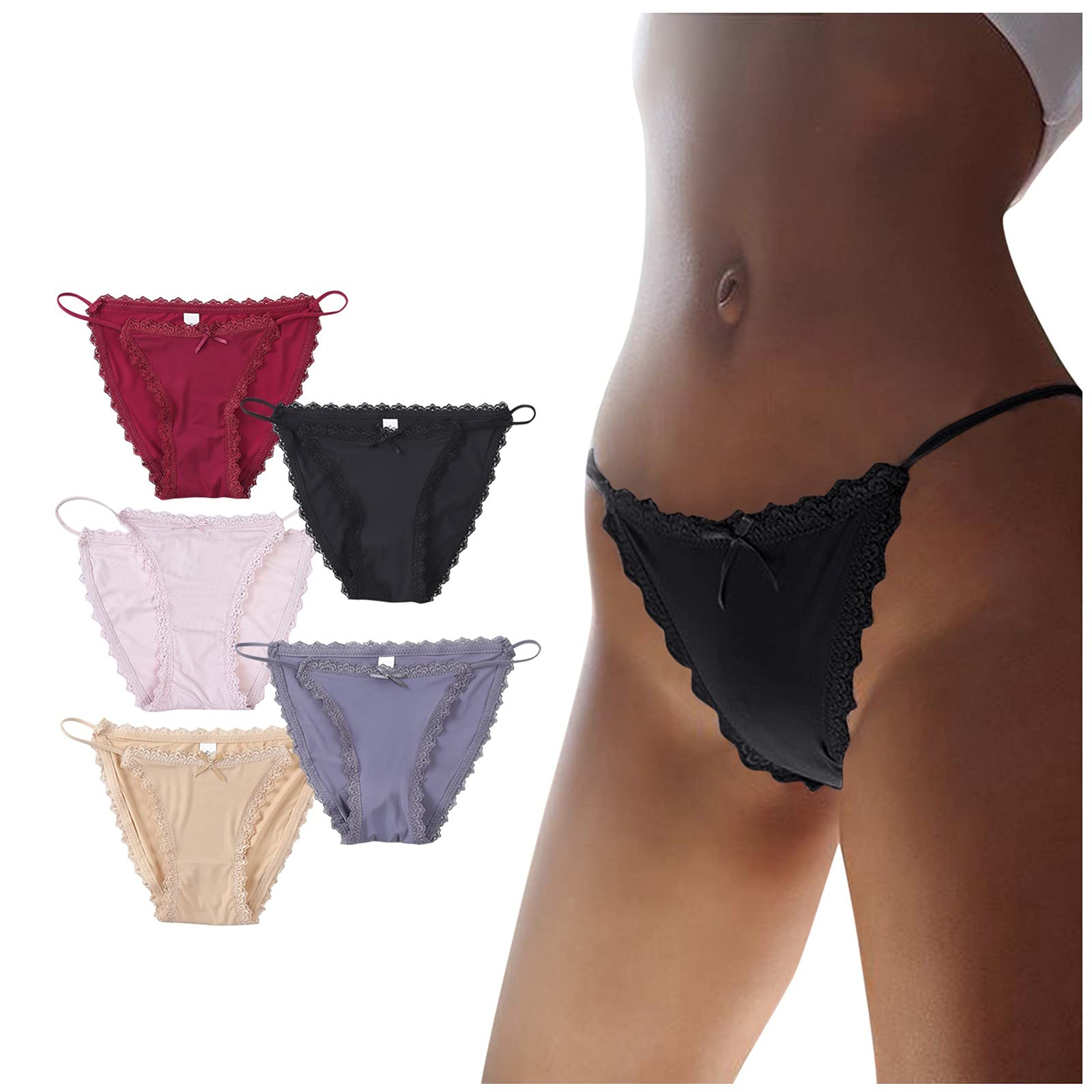 Silk Seamless Low Rise Lace Bikini Underwear Set for Women - 5 Piece Sexy Lingerie for Date Night, Bridal Shower & Special Occasions